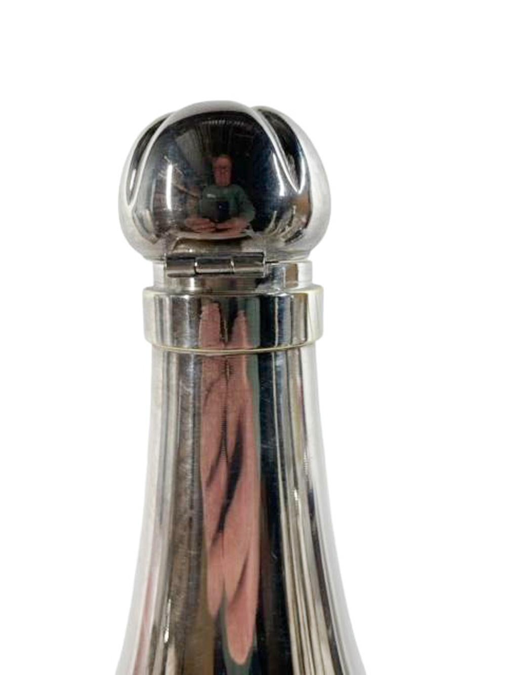 Unusual Art Deco Optically Ribbed Glass & Silver Plate Champagne Bottle Decanter In Good Condition For Sale In Chapel Hill, NC