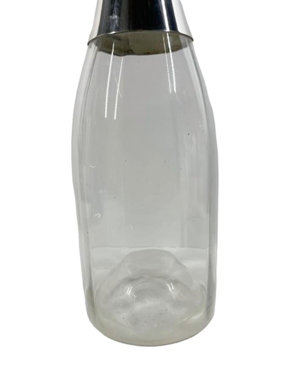 20th Century Unusual Art Deco Optically Ribbed Glass & Silver Plate Champagne Bottle Decanter For Sale