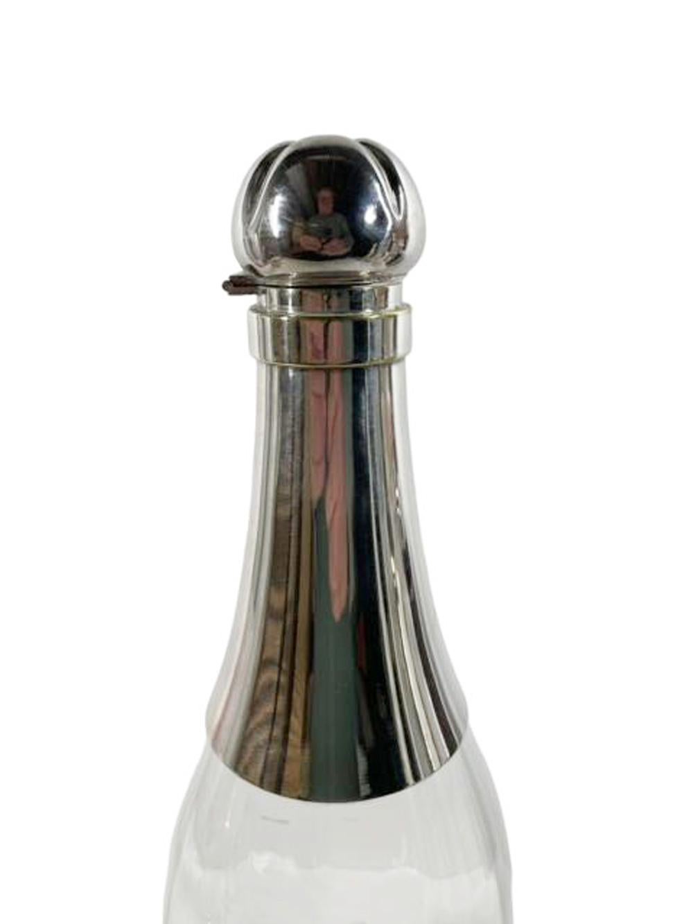 Unusual Art Deco Optically Ribbed Glass & Silver Plate Champagne Bottle Decanter For Sale 1
