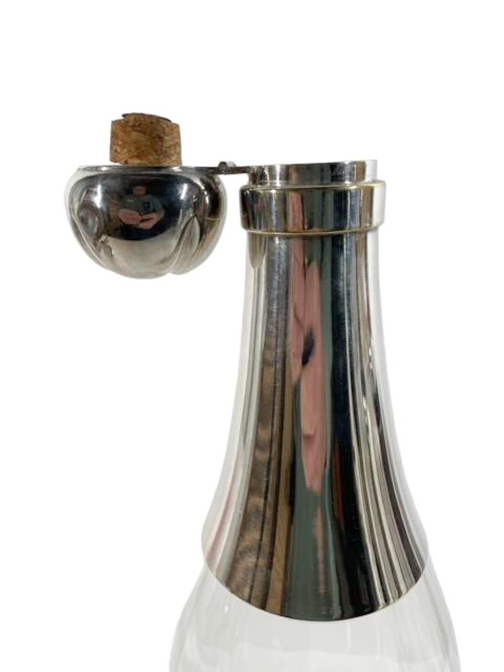 Unusual Art Deco Optically Ribbed Glass & Silver Plate Champagne Bottle Decanter For Sale 2