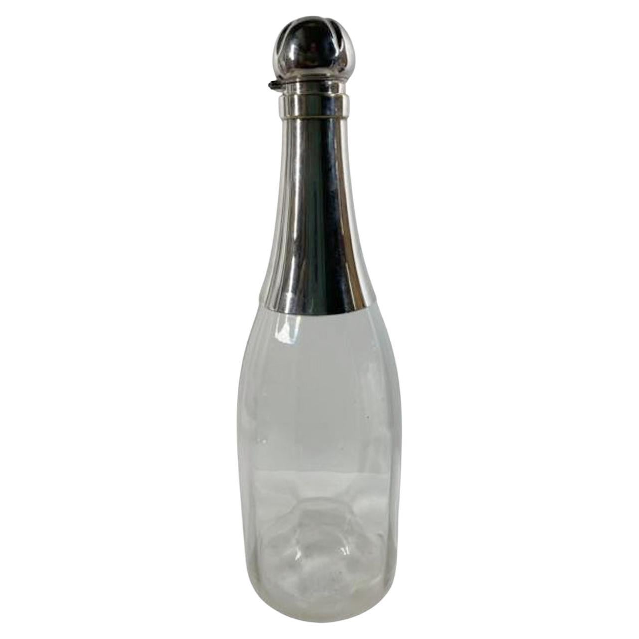 Unusual Art Deco Optically Ribbed Glass & Silver Plate Champagne Bottle Decanter For Sale