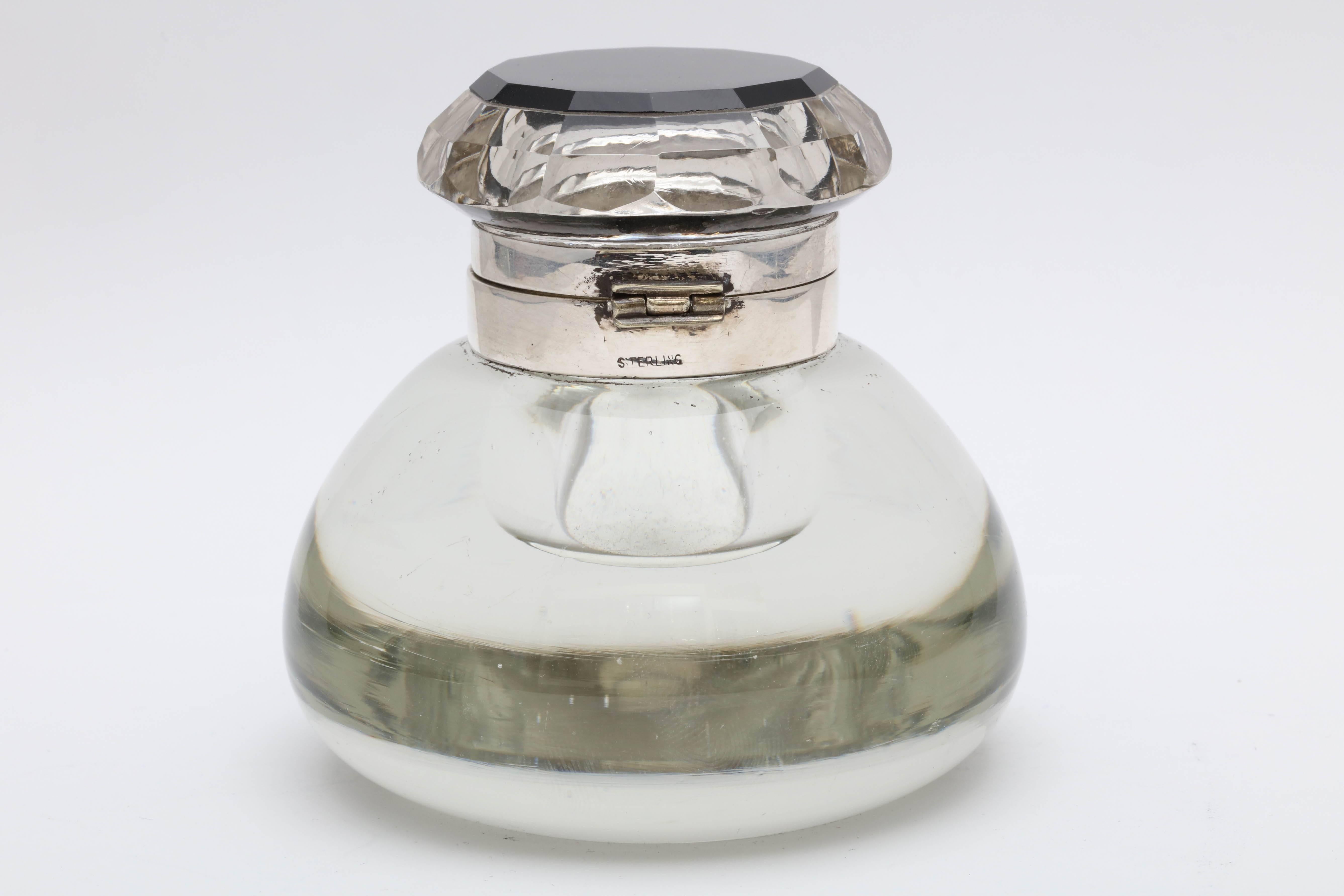 Unusual Art Deco Sterling Silver and Black Onyx-Mounted Hinged Crystal Inkwell For Sale 4