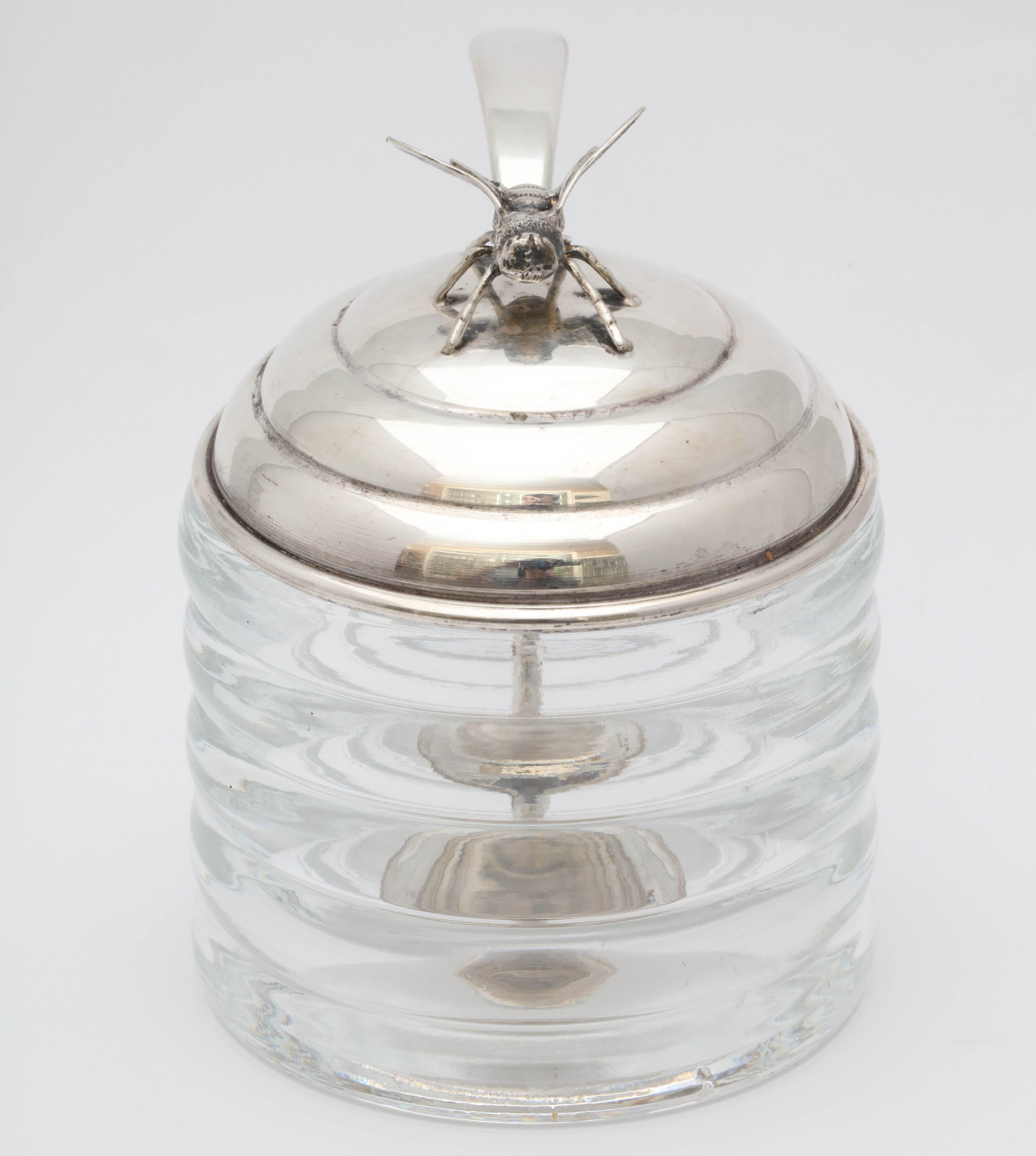 American Unusual Art Deco Sterling Silver Mounted Honey Jar with Original Honey Spoon