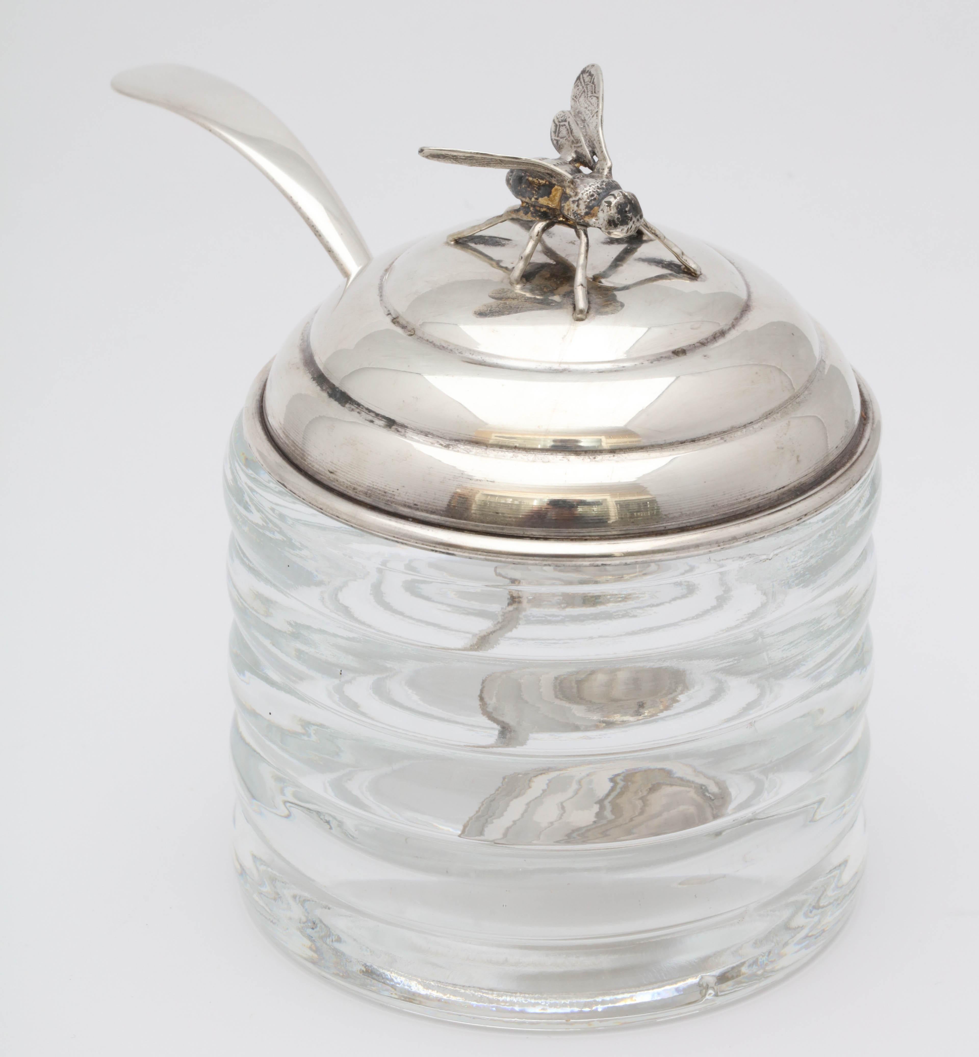 Unusual Art Deco Sterling Silver Mounted Honey Jar with Original Honey Spoon 1