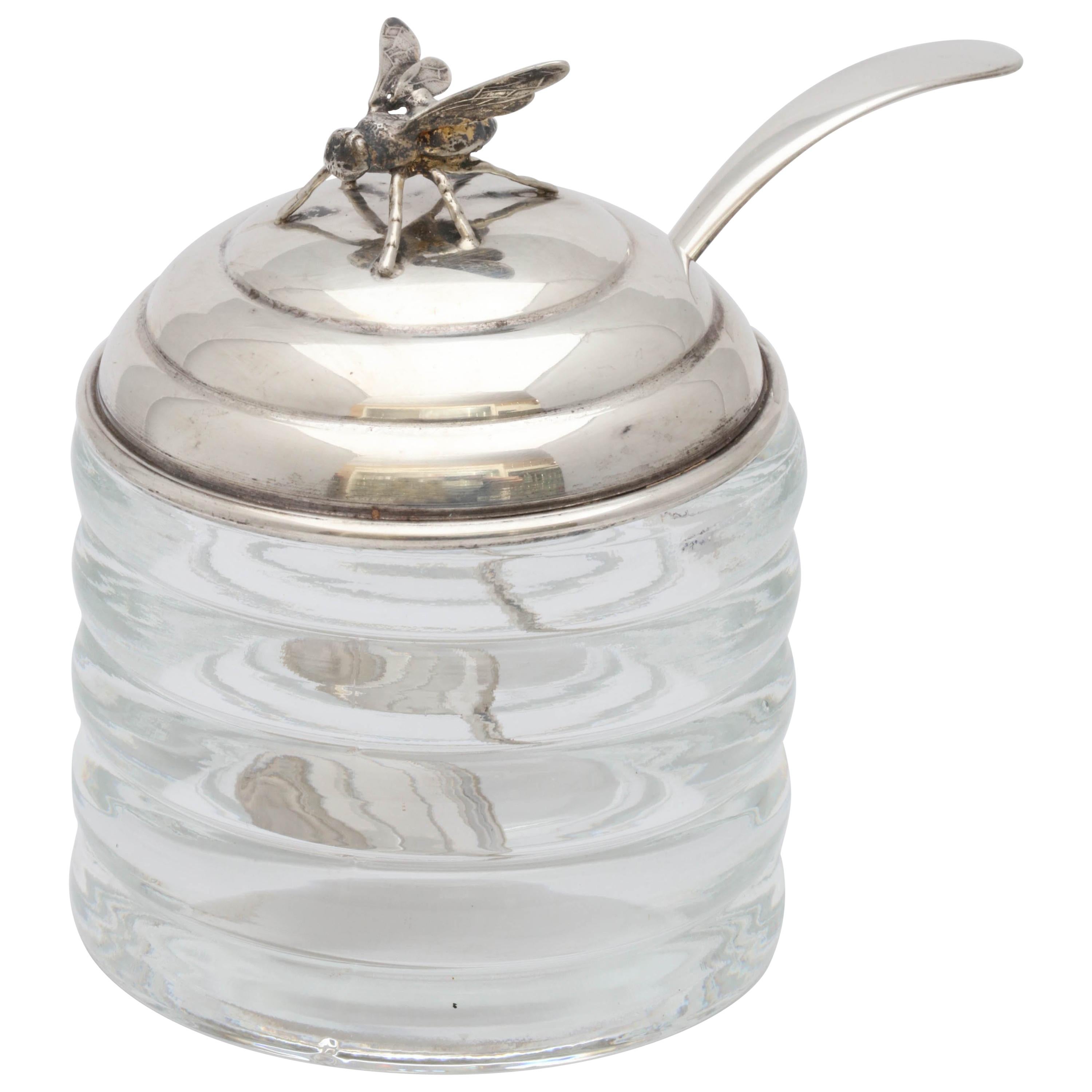 Unusual Art Deco Sterling Silver Mounted Honey Jar with Original Honey Spoon