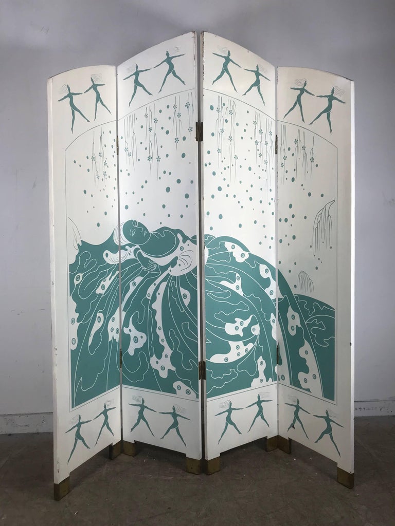 Unusual Art Deco Style Carved and Lacquered Screen, Room Divider For Sale 1