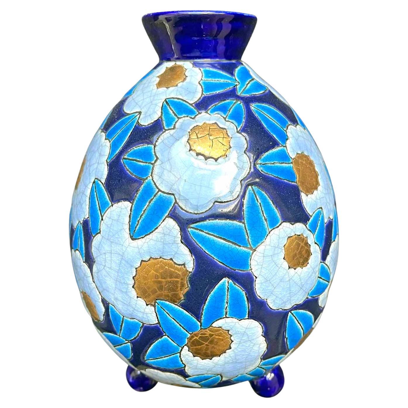 Unusual Art Deco Vase with Flowers in Blue and Gold by Longwy, France