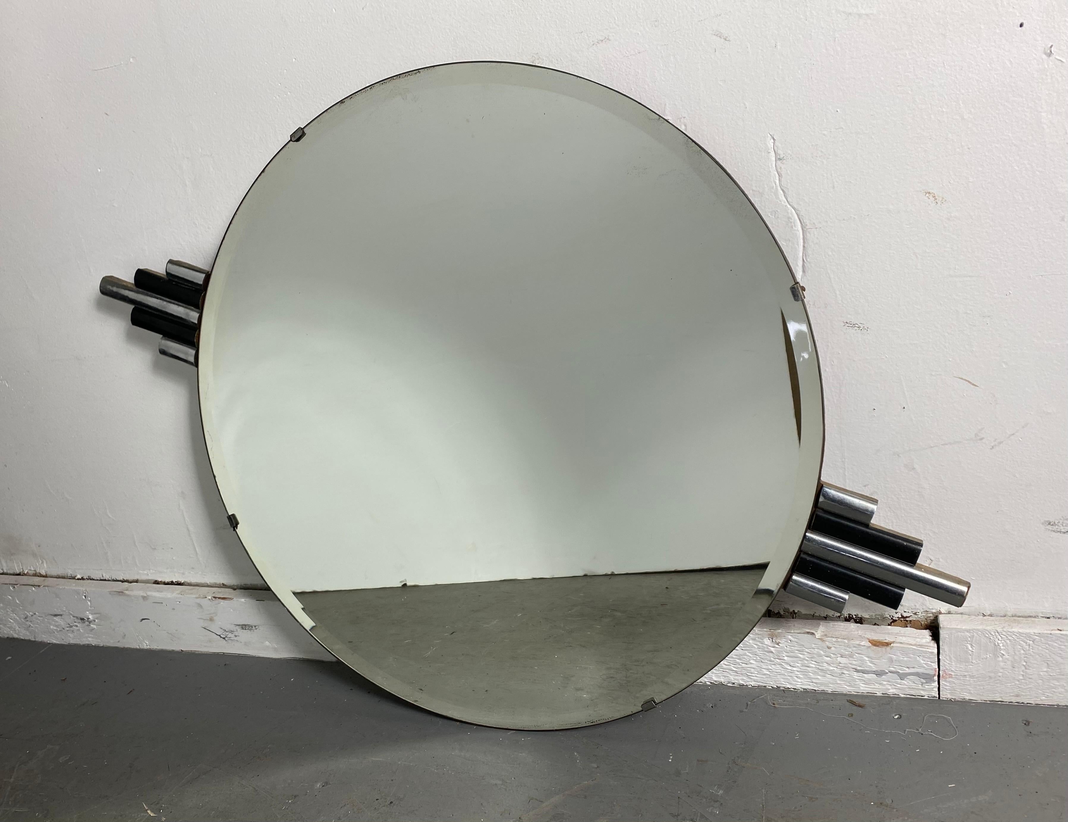 American Unusual Art Deco Wall Mirror with Black and Chrome Sky-Scraper Sides For Sale