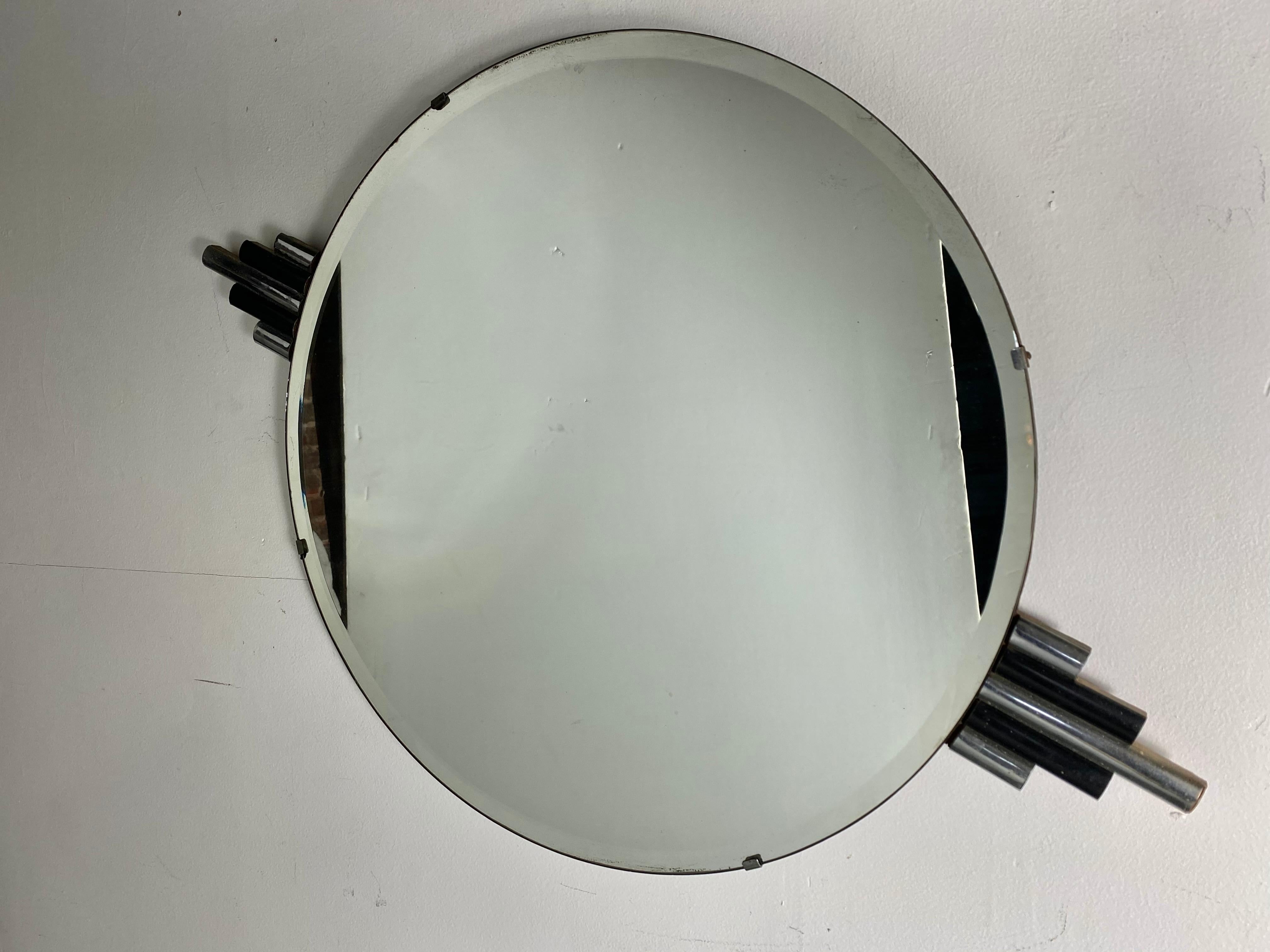 Mid-20th Century Unusual Art Deco Wall Mirror with Black and Chrome Sky-Scraper Sides For Sale