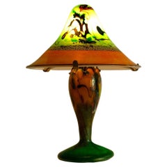French Art Nouveau mushroom table lamp in glass of colours of green and red