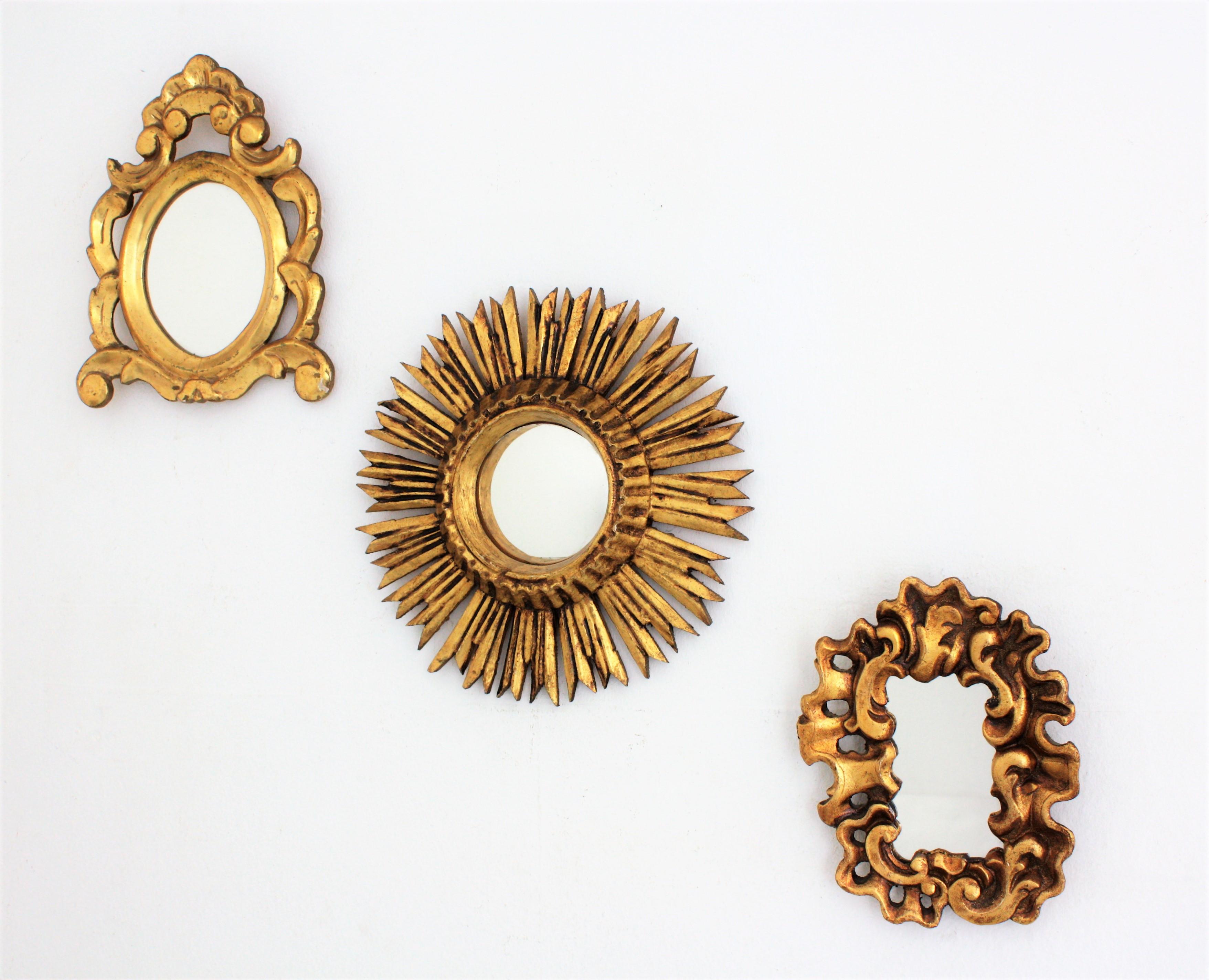 Spanish Unusual Art Nouveau Style Carved Giltwood Mini Sized Mirror, Spain, 1920s