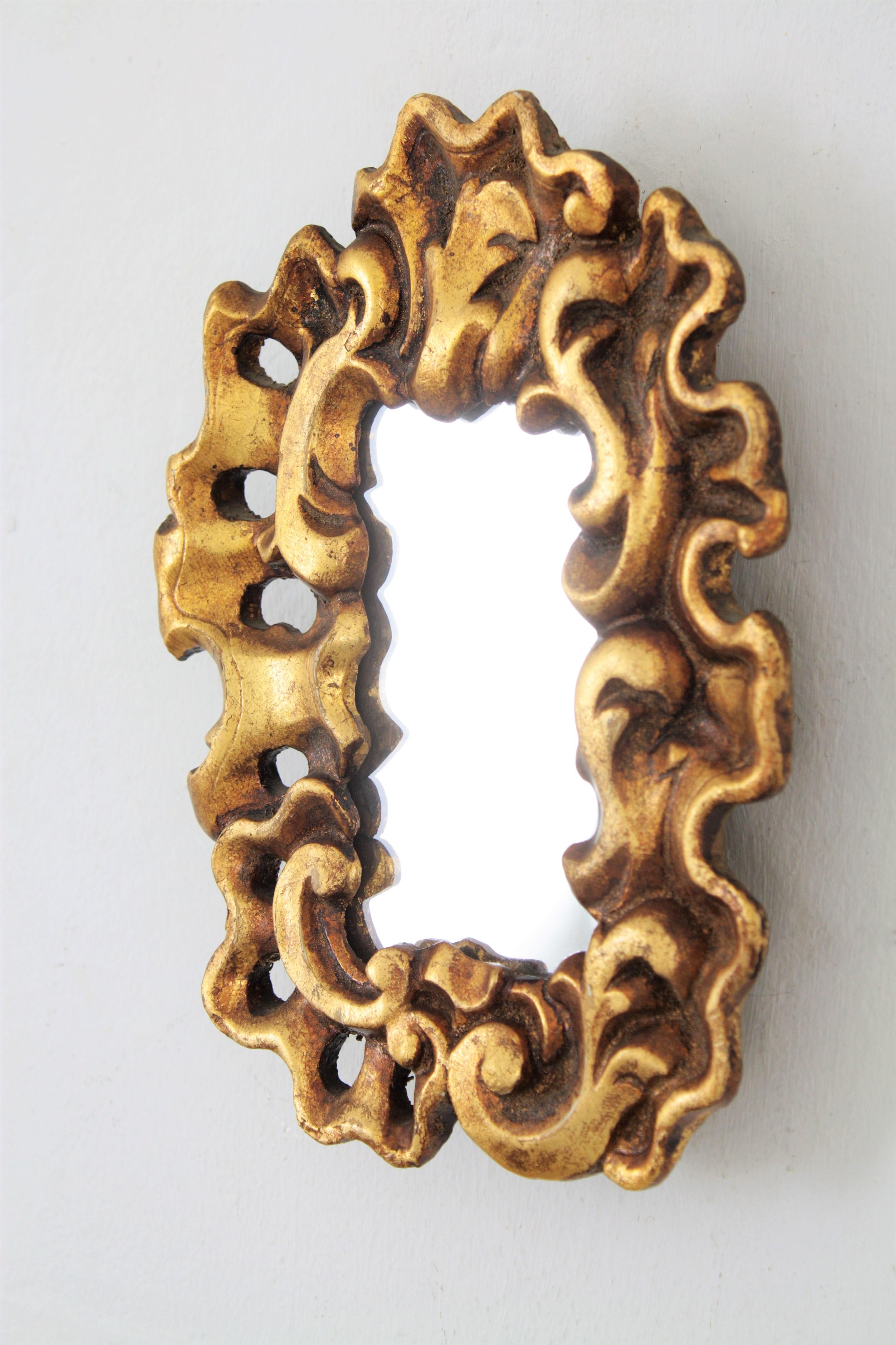 Gesso Unusual Art Nouveau Style Carved Giltwood Mini Sized Mirror, Spain, 1920s
