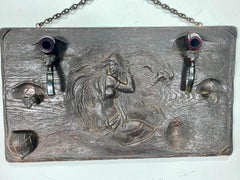 Unusual Art Nouveau Woman, Carved Wood and Metal Pipe Holder Wall Plaque