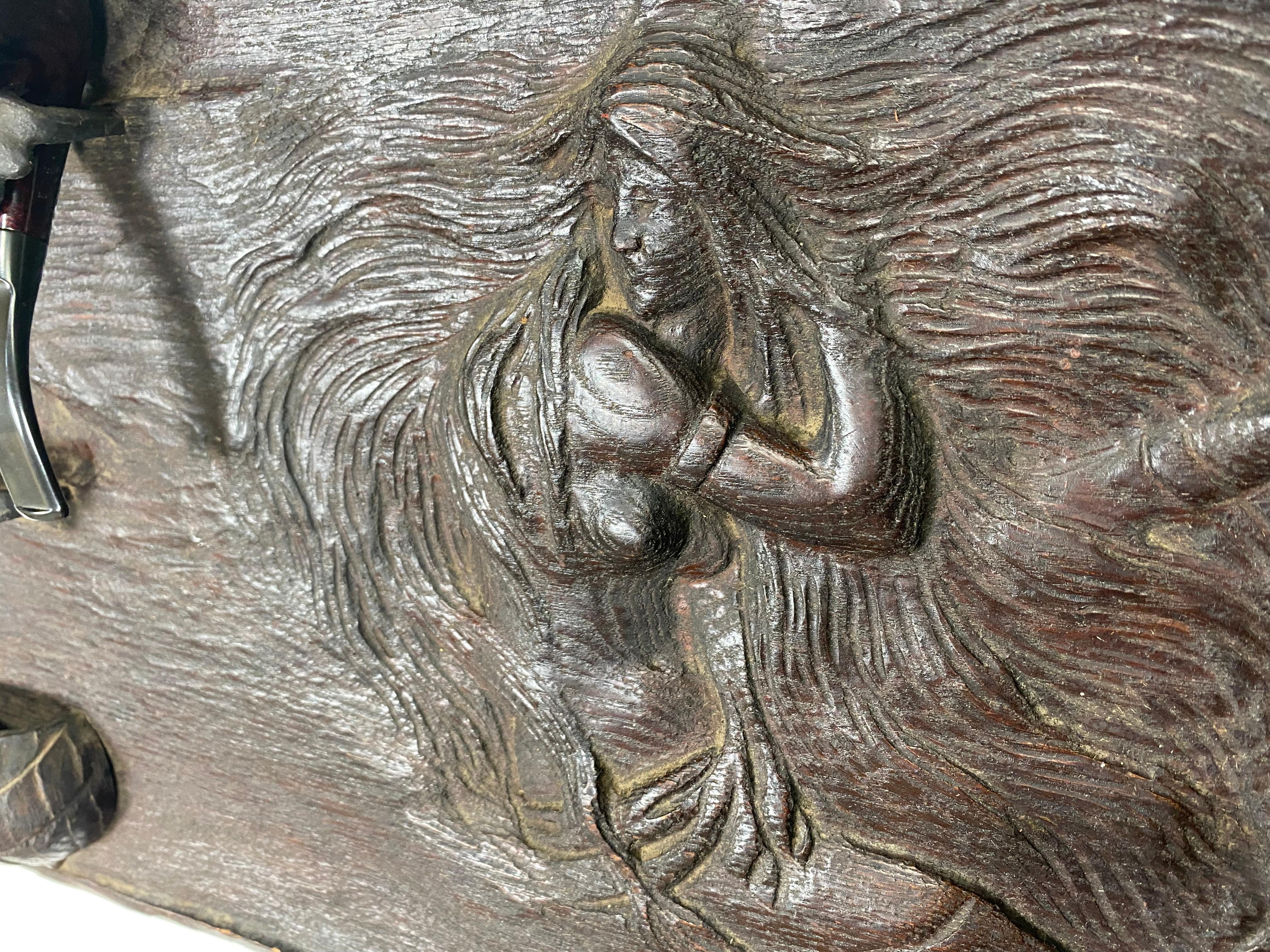 American Unusual Art Nouveau Woman, Carved Wood and Metal Pipe Holder Wall Plaque For Sale