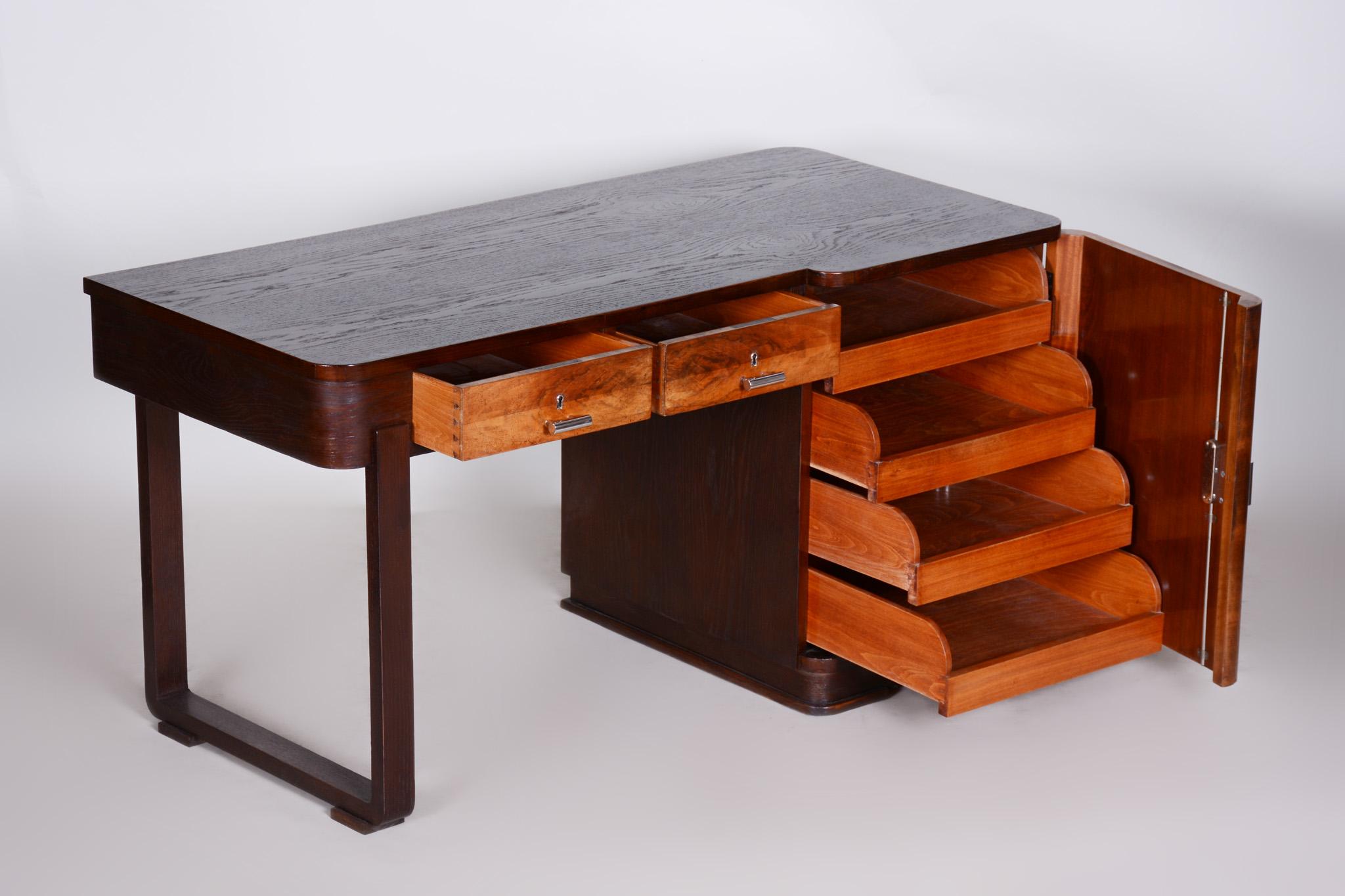 20th Century Unusual Art Deco Writing Desk, Oak and Walnut Veneer, Czechia 'Bohemia', 1930s For Sale