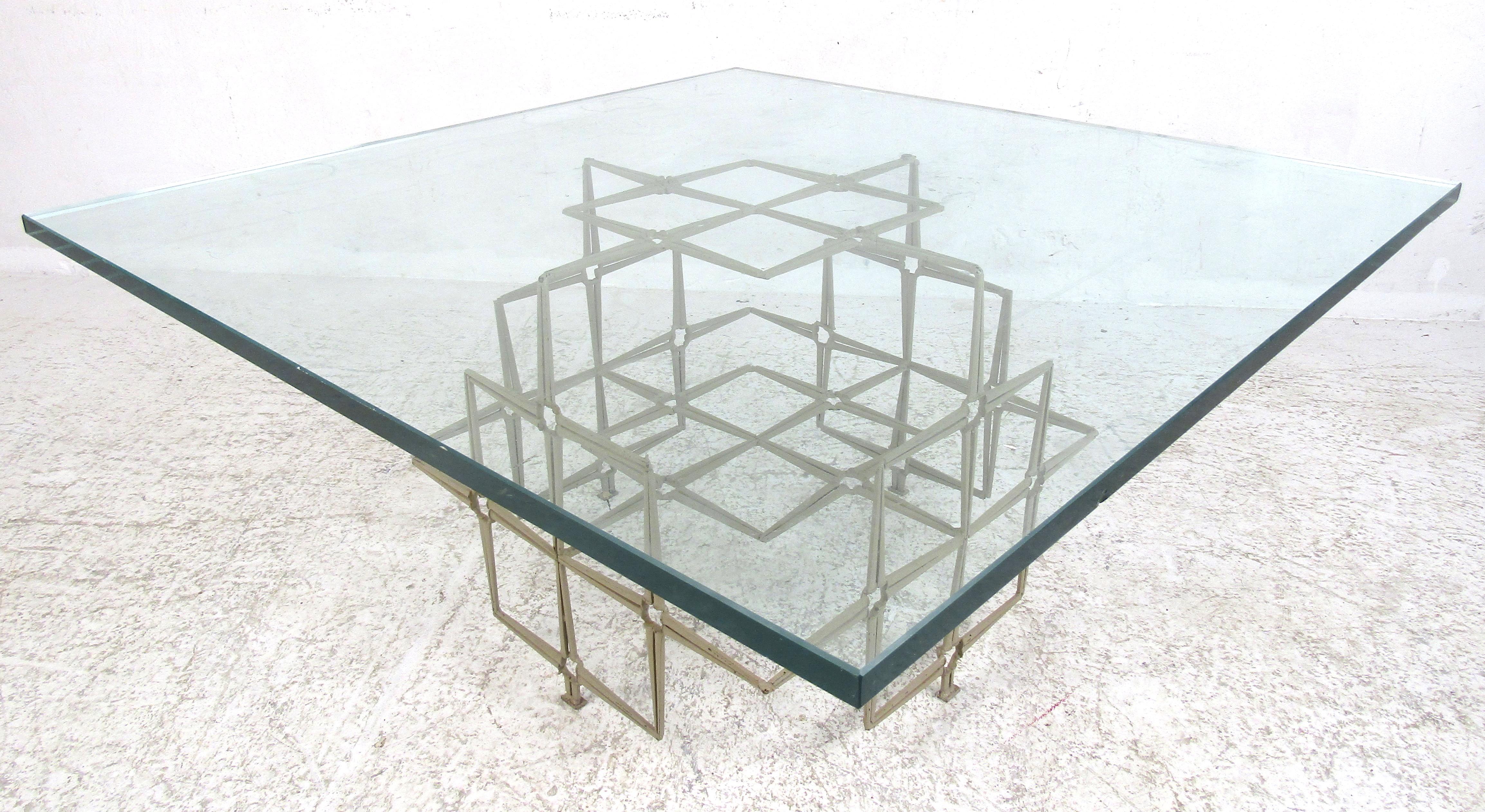 Mid-Century Modern Unusual Artist Made Vintage Glass Top Coffee Table Made with Nails For Sale