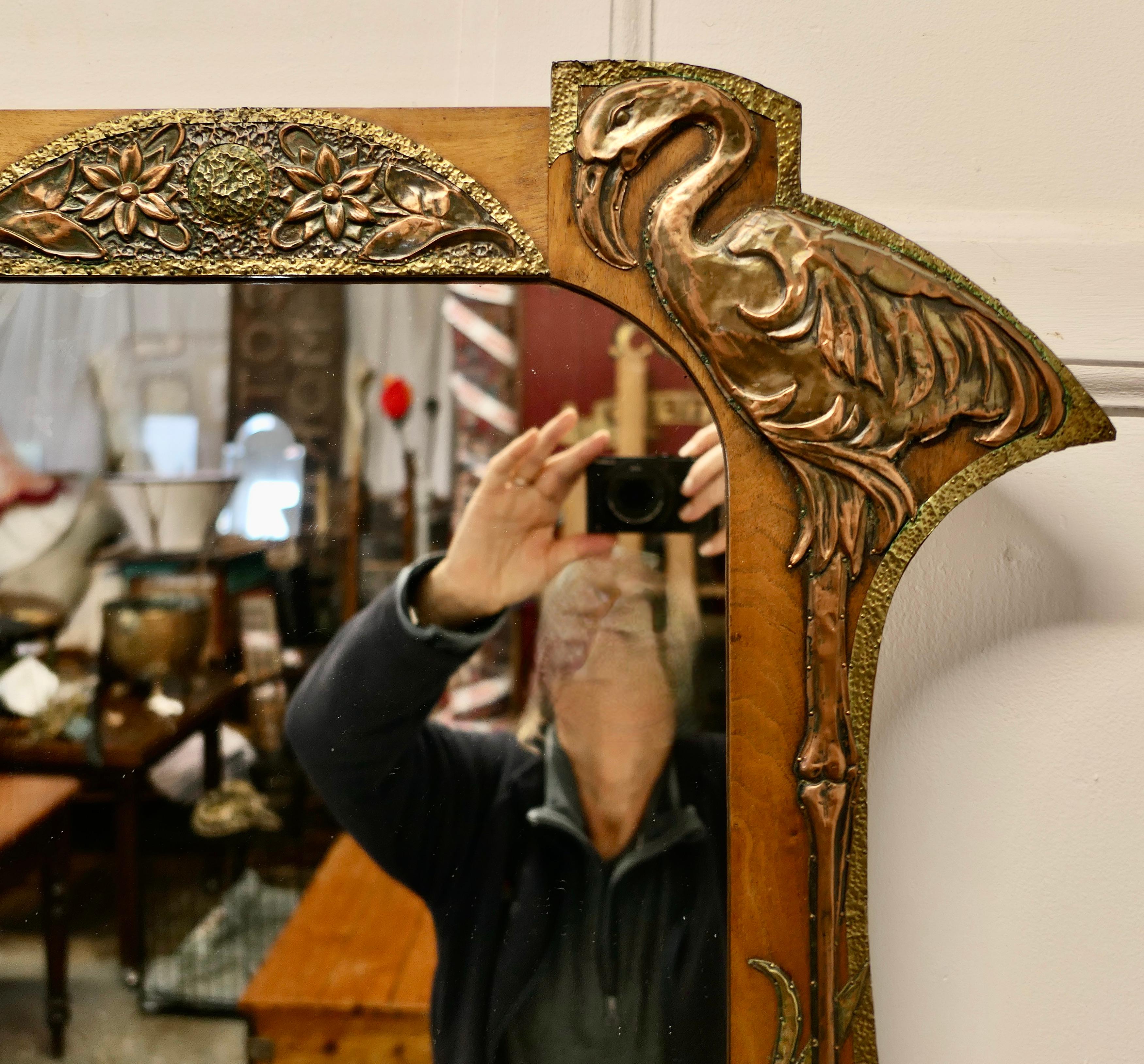 Late 19th Century Unusual Arts and Crafts Copper and Brass Mirror with Flamingos   
