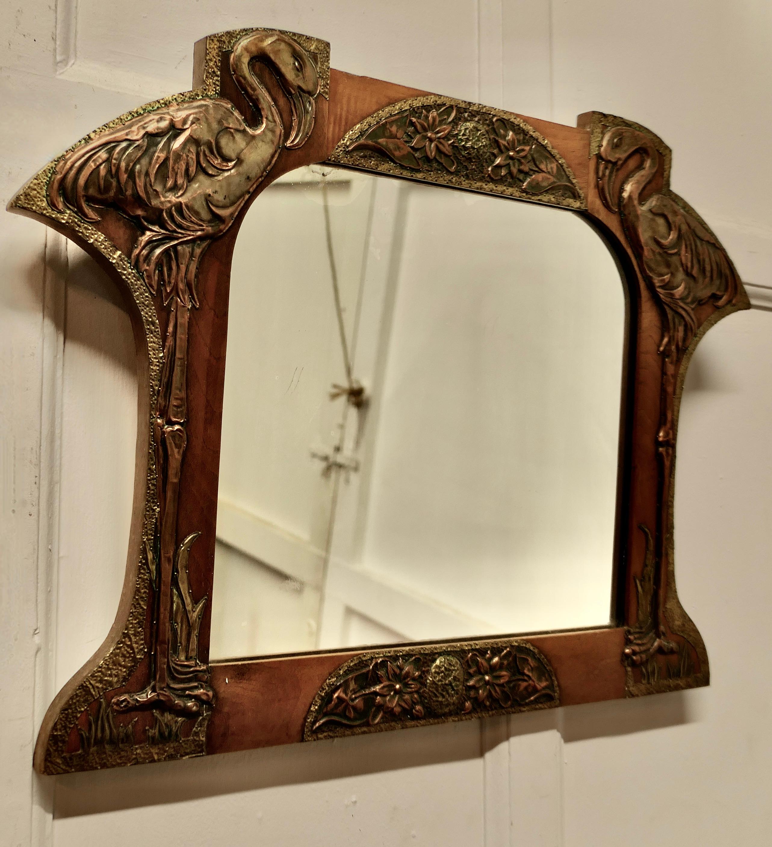 Unusual Arts and Crafts Copper and Brass Mirror with Flamingos    2