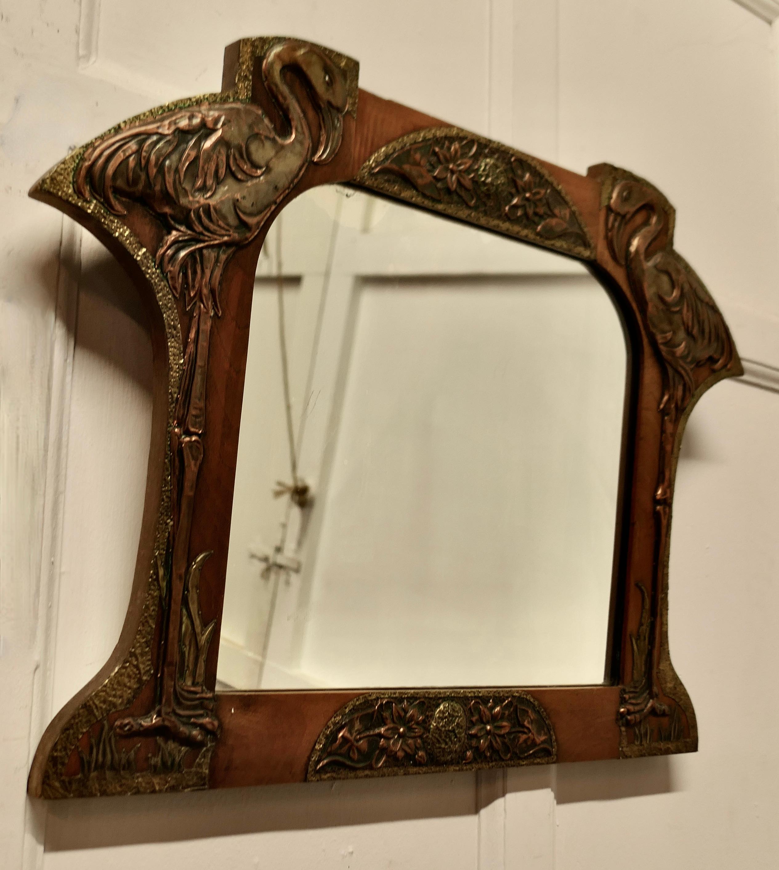 Unusual Arts and Crafts Copper and Brass Mirror with Flamingos    3
