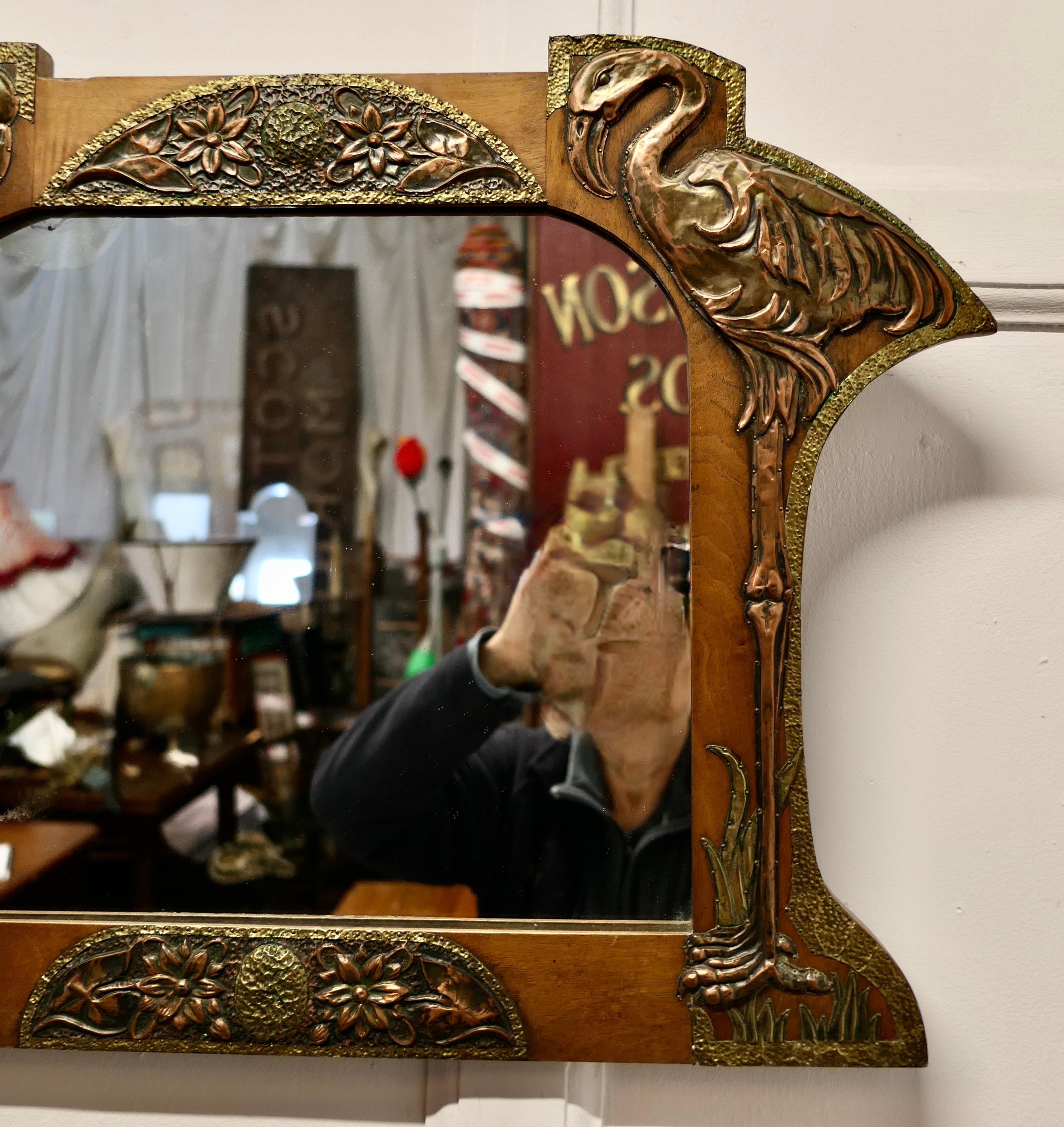 Unusual Arts and Crafts Copper and Brass Mirror with Flamingos    4
