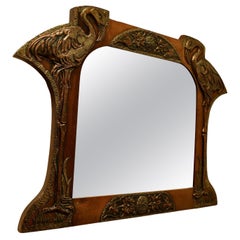 Antique Unusual Arts and Crafts Copper and Brass Mirror with Flamingos