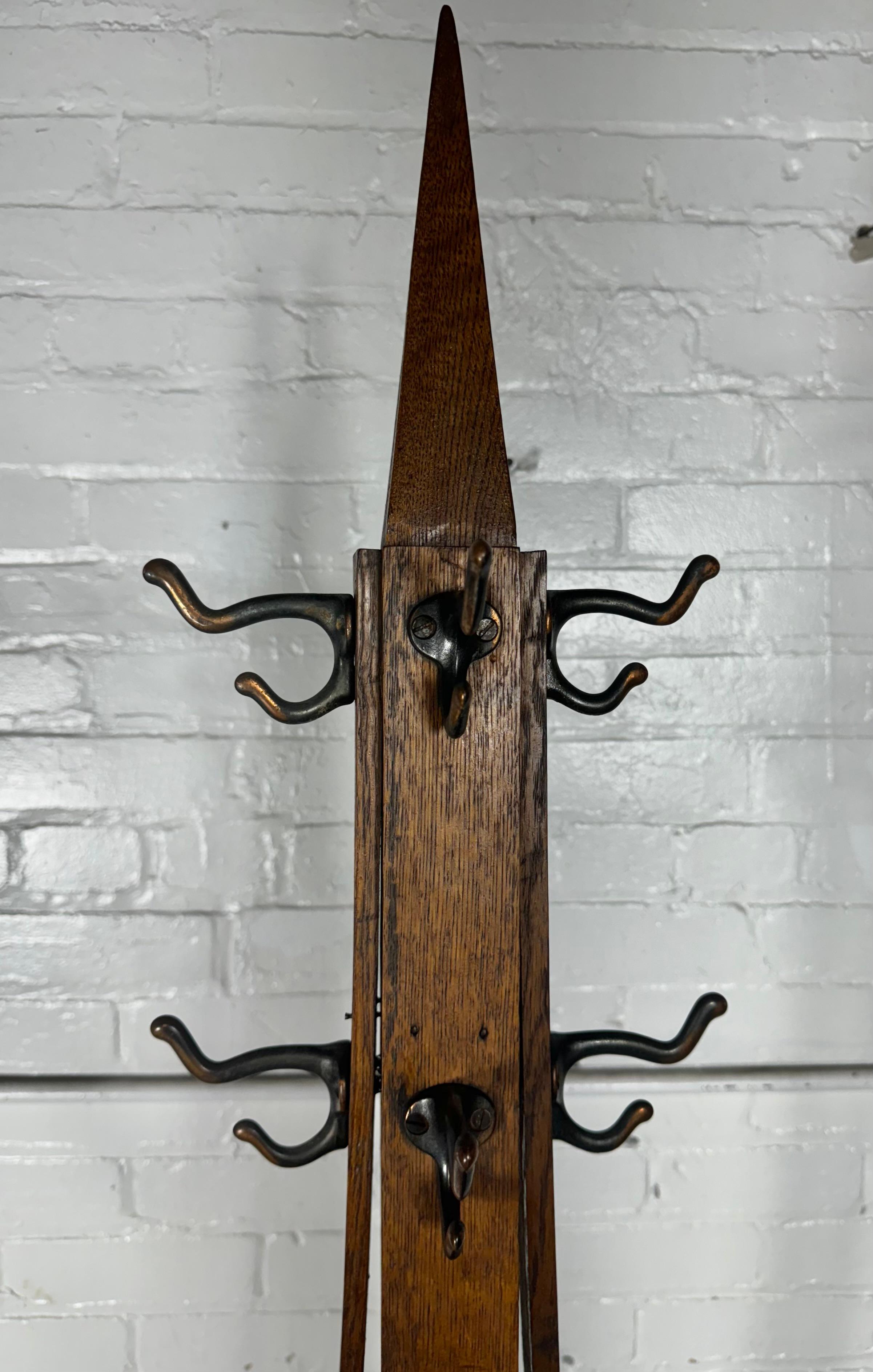 Brass Unusual Arts and Crafts / Mission Oak Coat Tree / Rack , free-standing , hooks For Sale