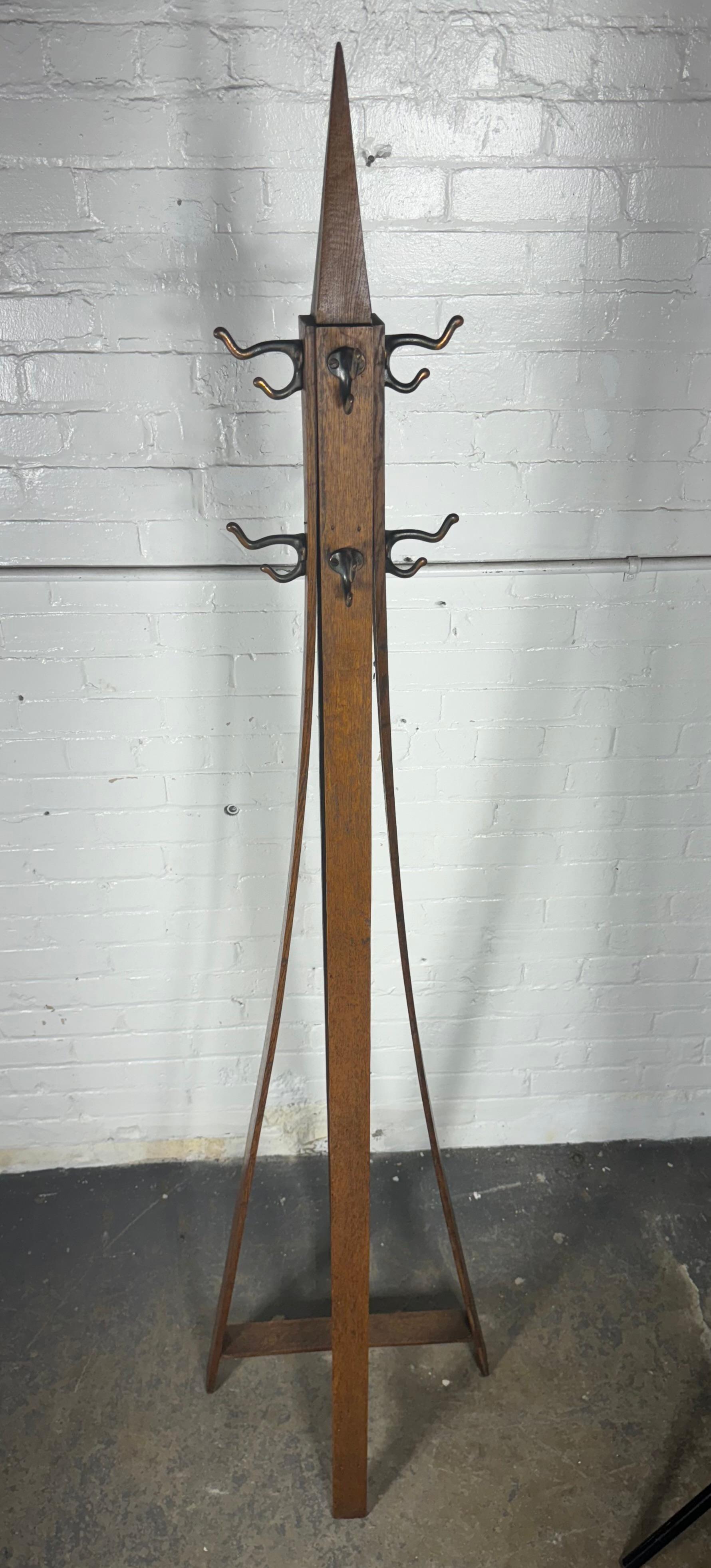 Unusual Arts and Crafts / Mission Oak Coat Tree / Rack , free-standing , hooks For Sale 1
