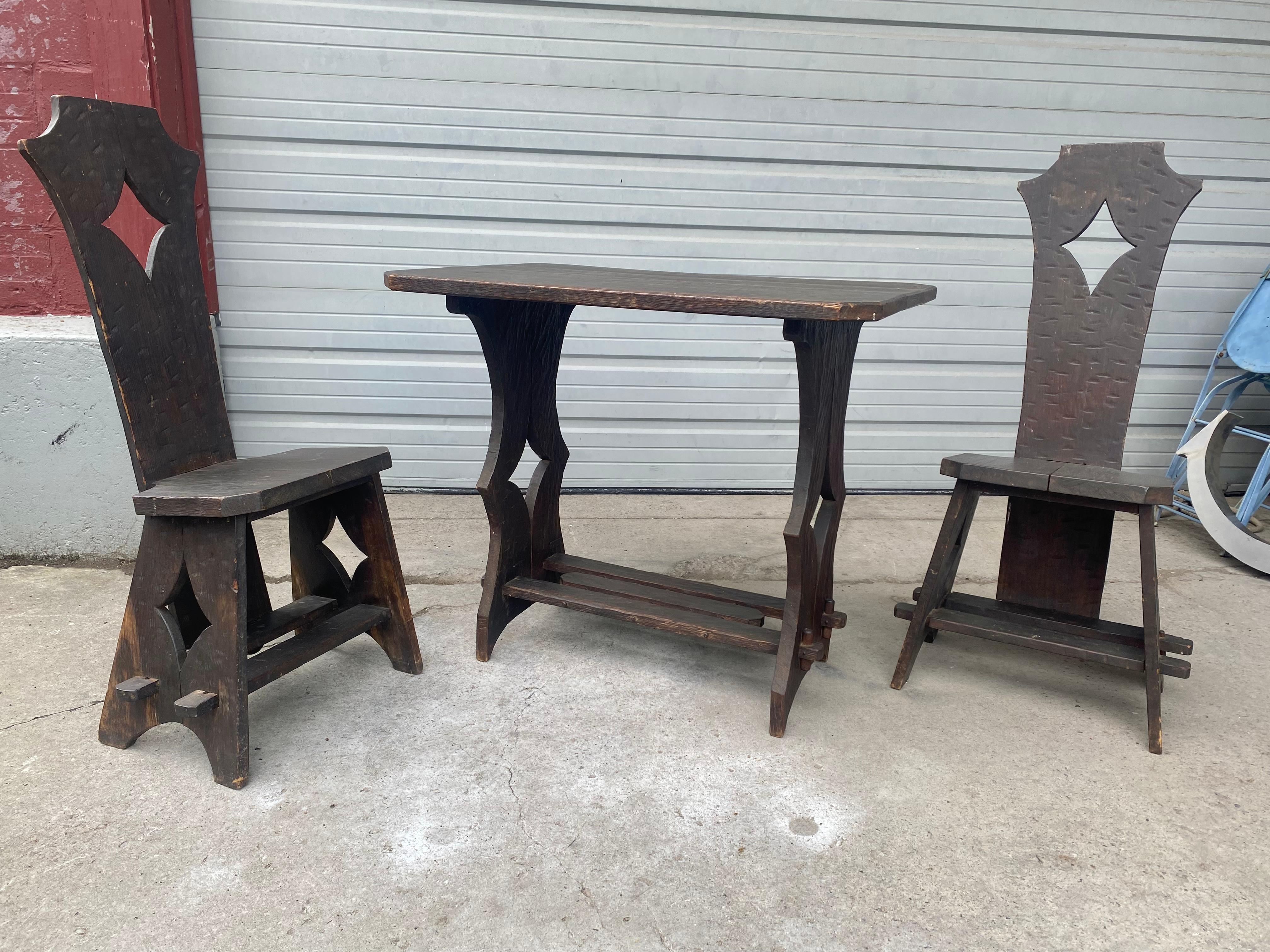 Oak Unusual  Arts and Crafts Pub / Bistro Table and Chairs manner of Limbert For Sale