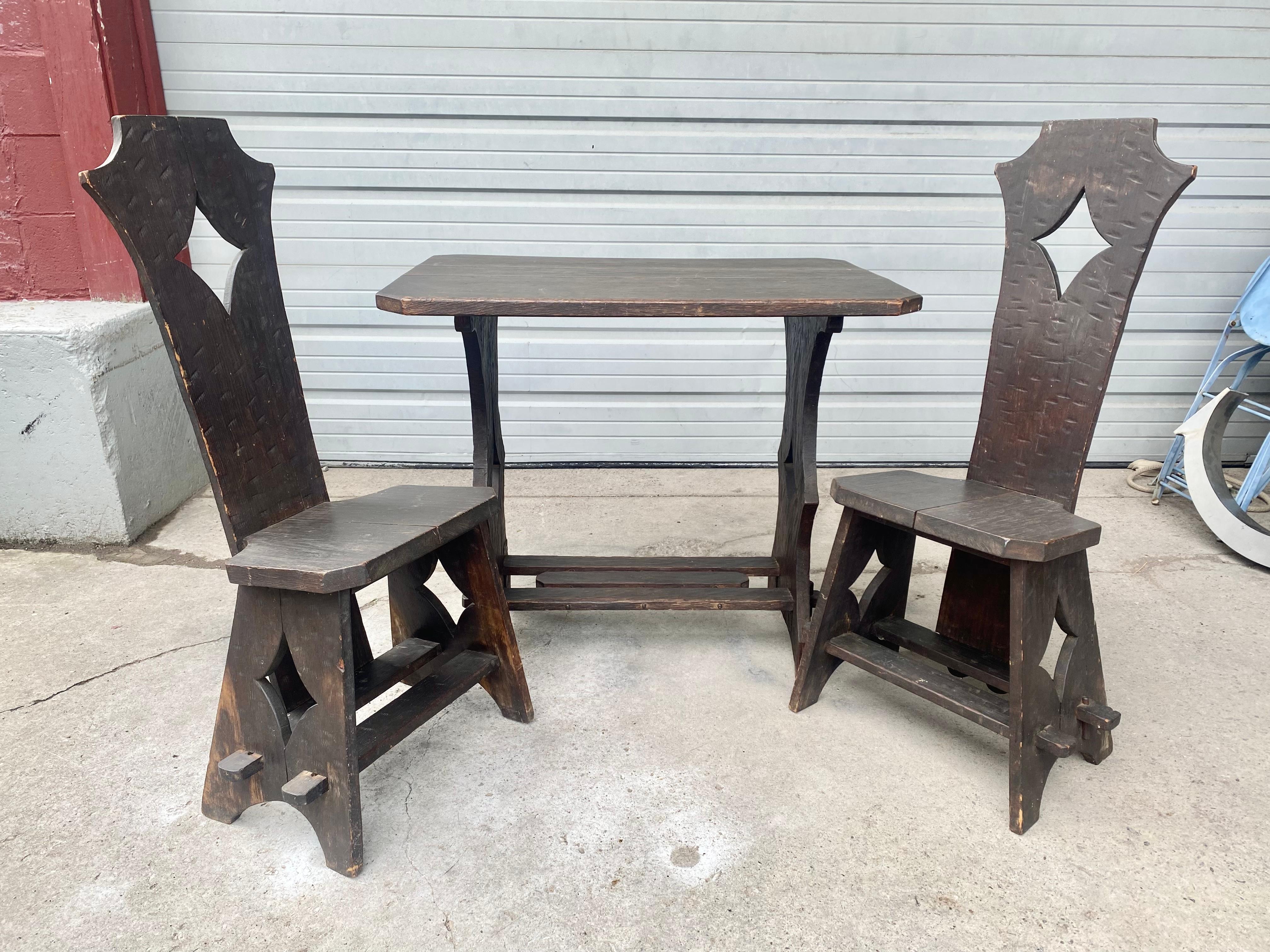 Hand-Crafted Unusual  Arts and Crafts Pub / Bistro Table and Chairs manner of Limbert For Sale