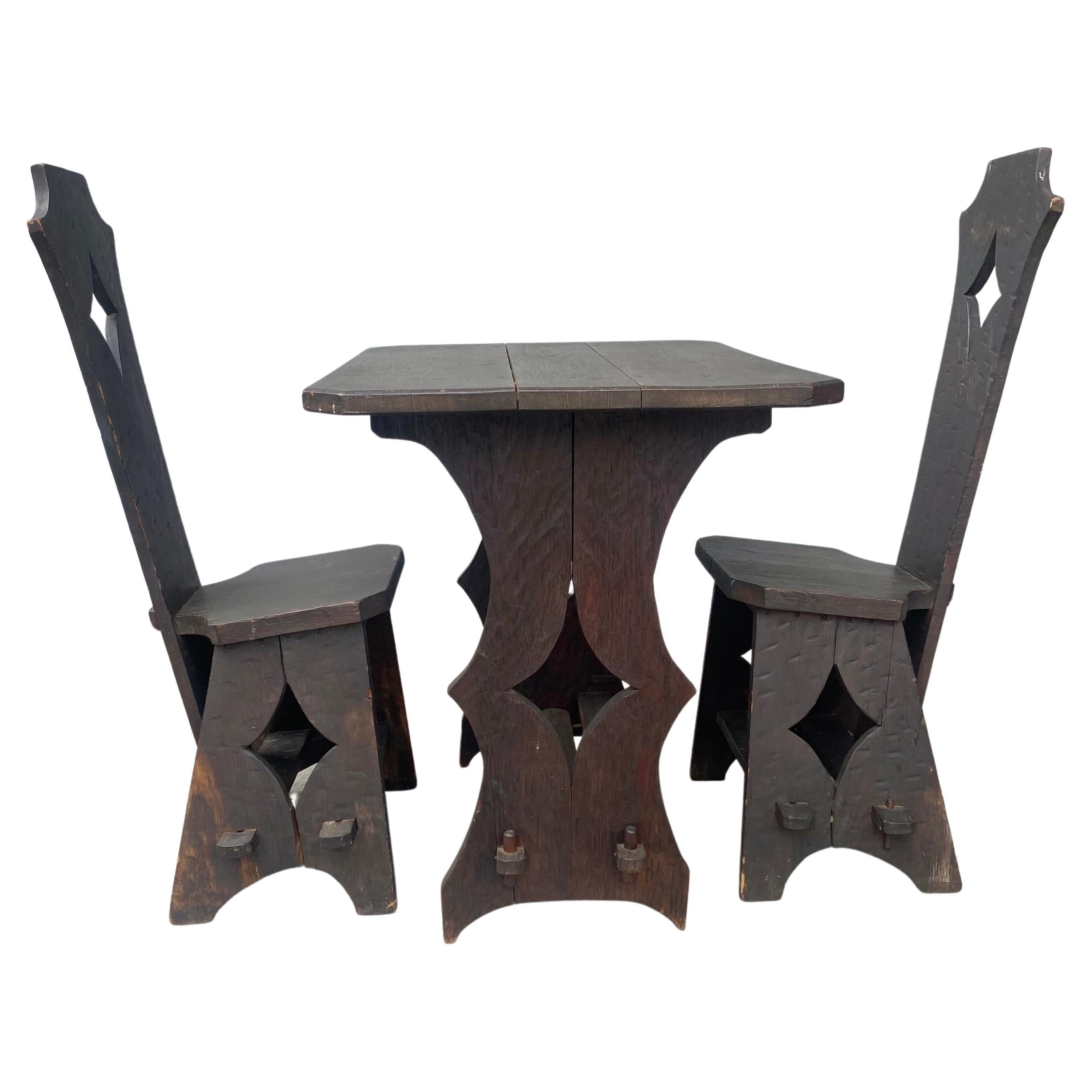 Unusual  Arts and Crafts Pub / Bistro Table and Chairs manner of Limbert For Sale