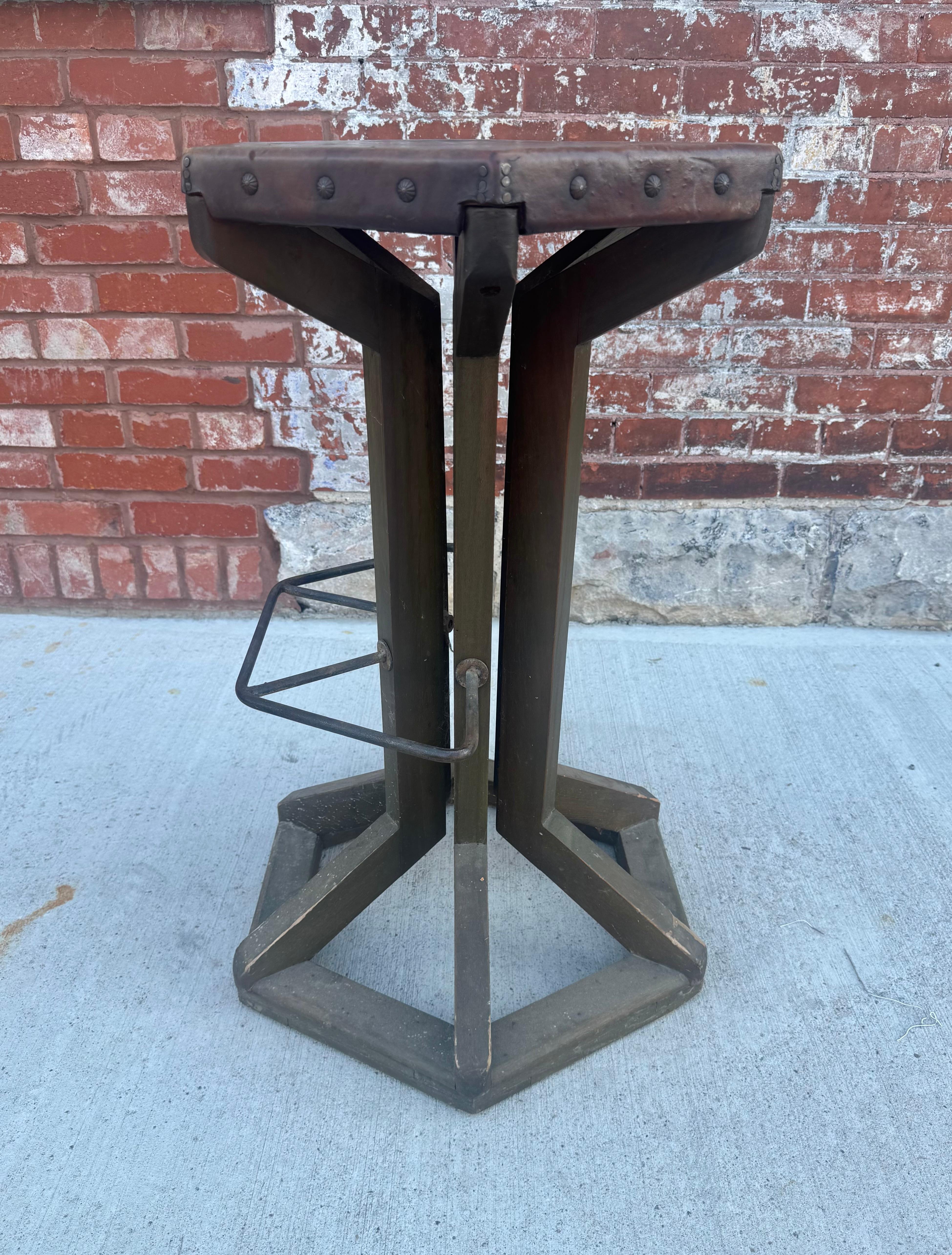 American Unusual Arts and Crafts Stool manner of Frank Lloyd Wright Hexagon Leather Seat For Sale