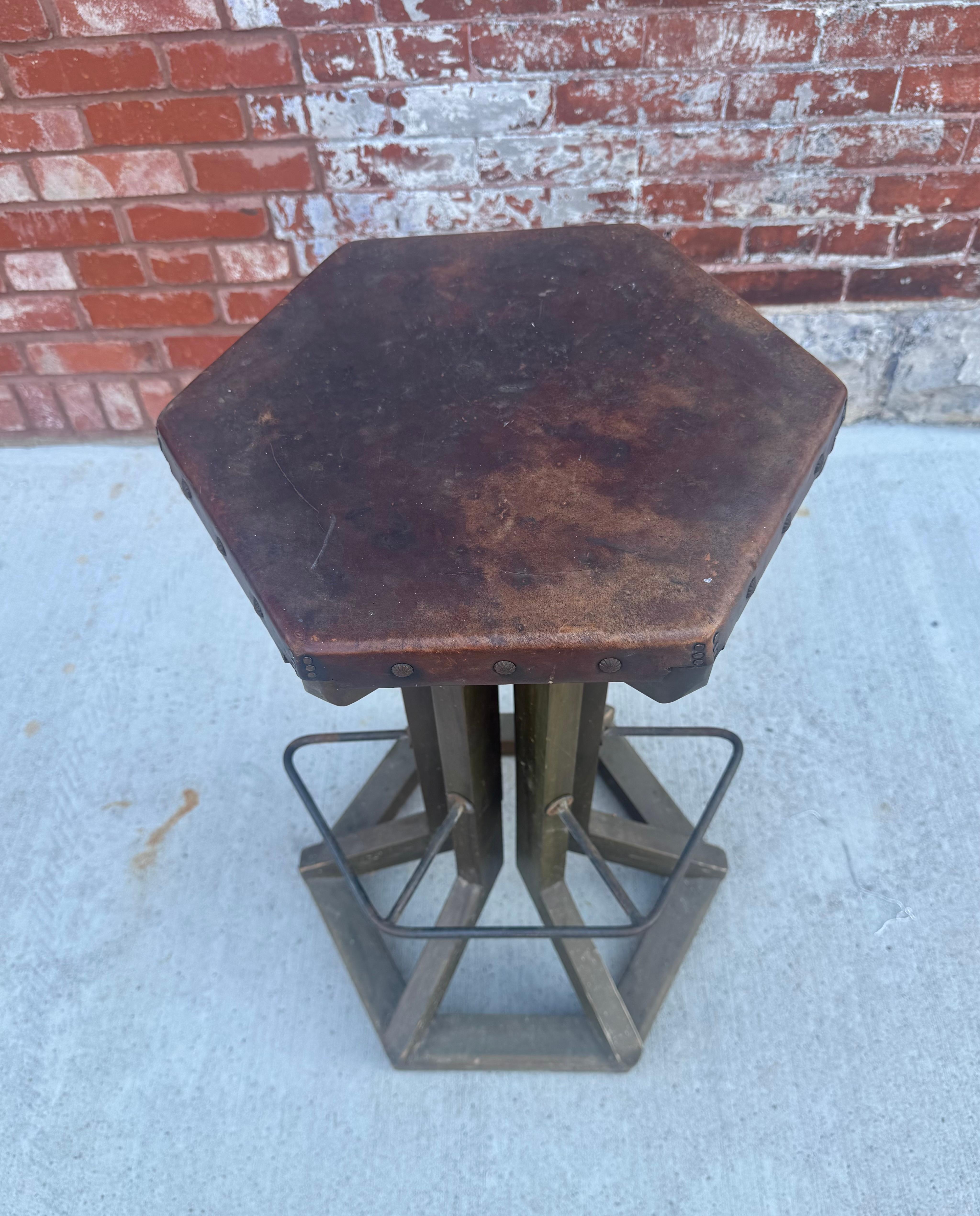 Painted Unusual Arts and Crafts Stool manner of Frank Lloyd Wright Hexagon Leather Seat For Sale