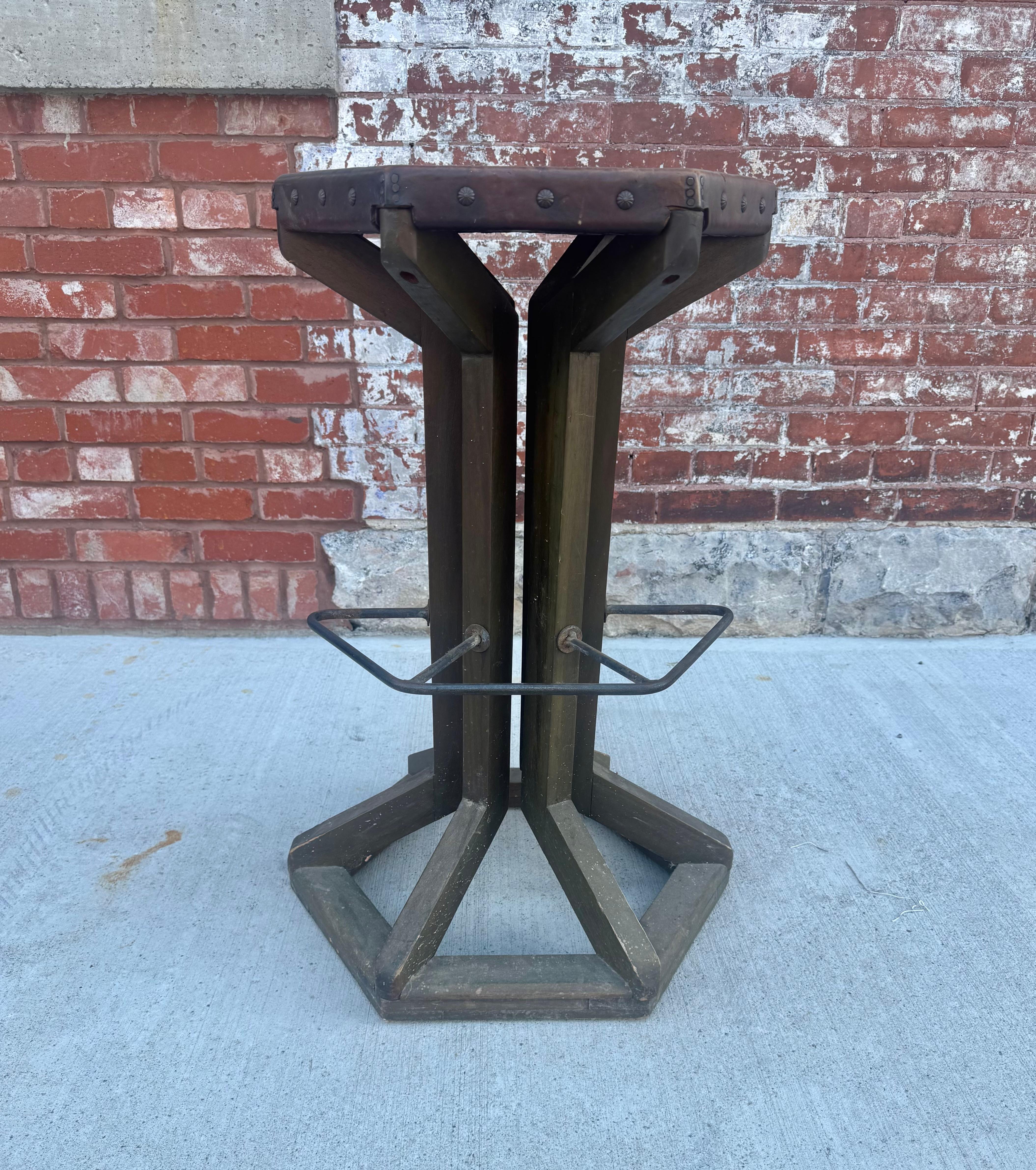 Unusual Arts and Crafts Stool manner of Frank Lloyd Wright Hexagon Leather Seat In Good Condition For Sale In Buffalo, NY