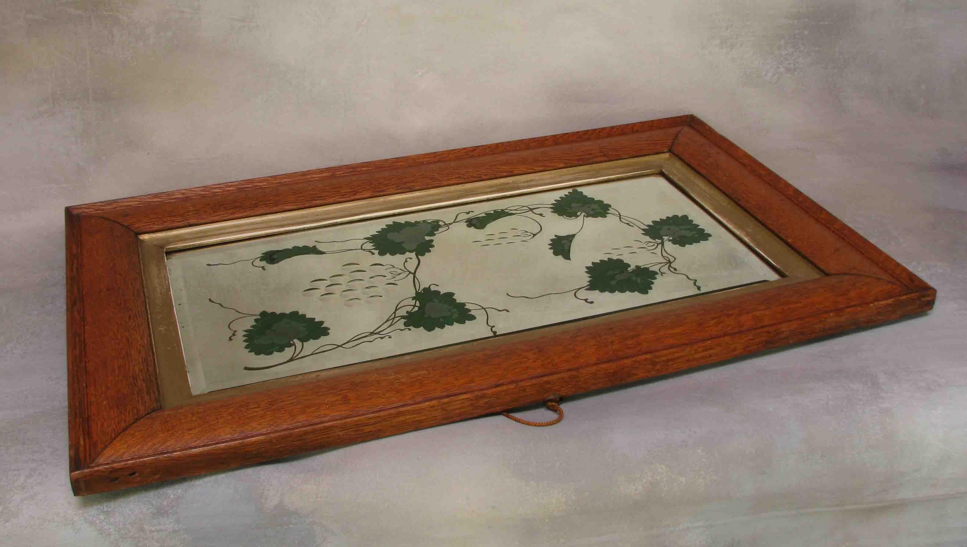Hand-Crafted Unusual Arts and Crafts Verre Eglomise Mirror in Oak Frame For Sale