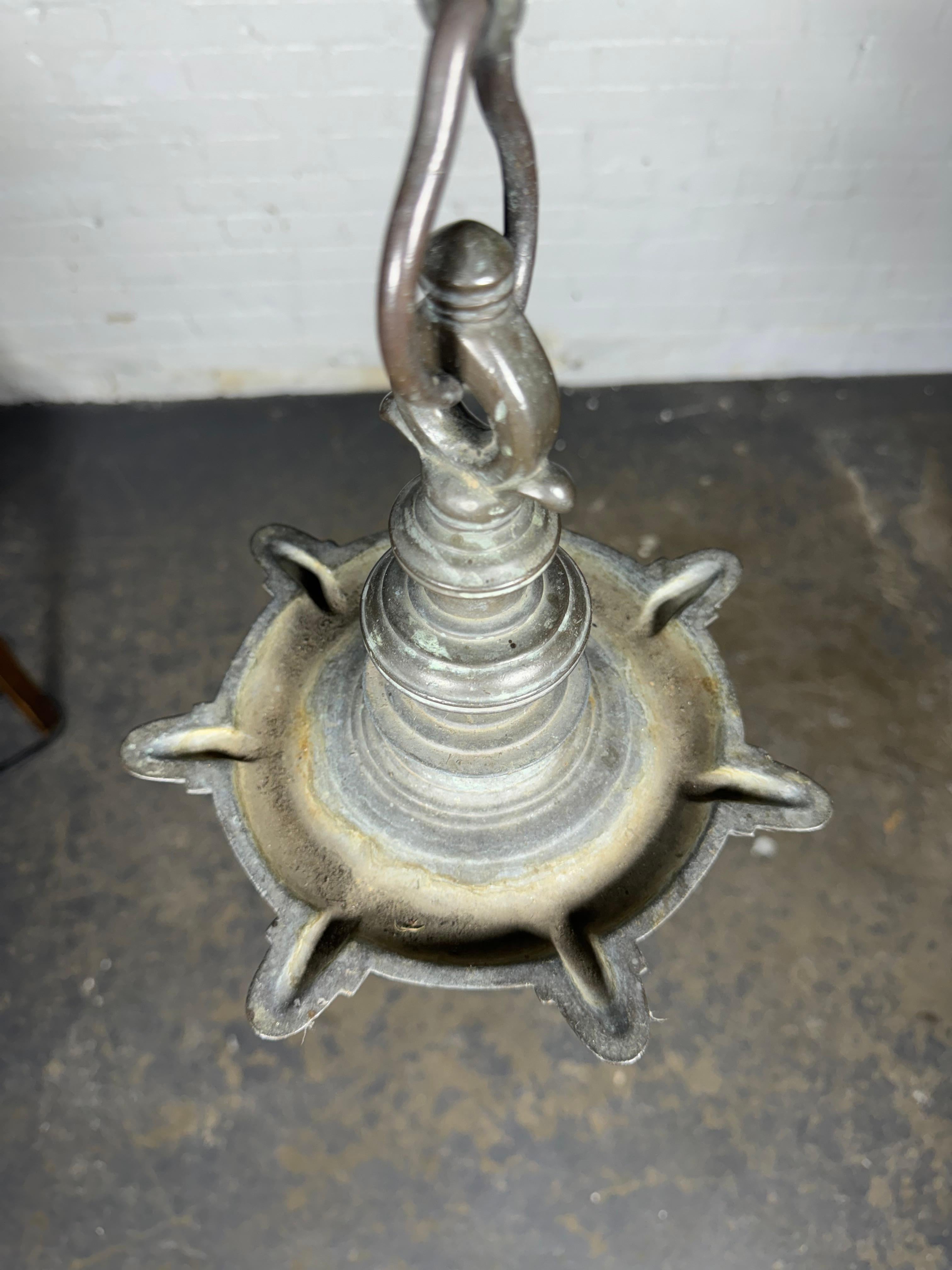 Unusual Arts & Crafts Hanging Bronze Ash Receptacle, after Handel / Tiffany ,, Amazing quality. wonderful verde green patina.. 
