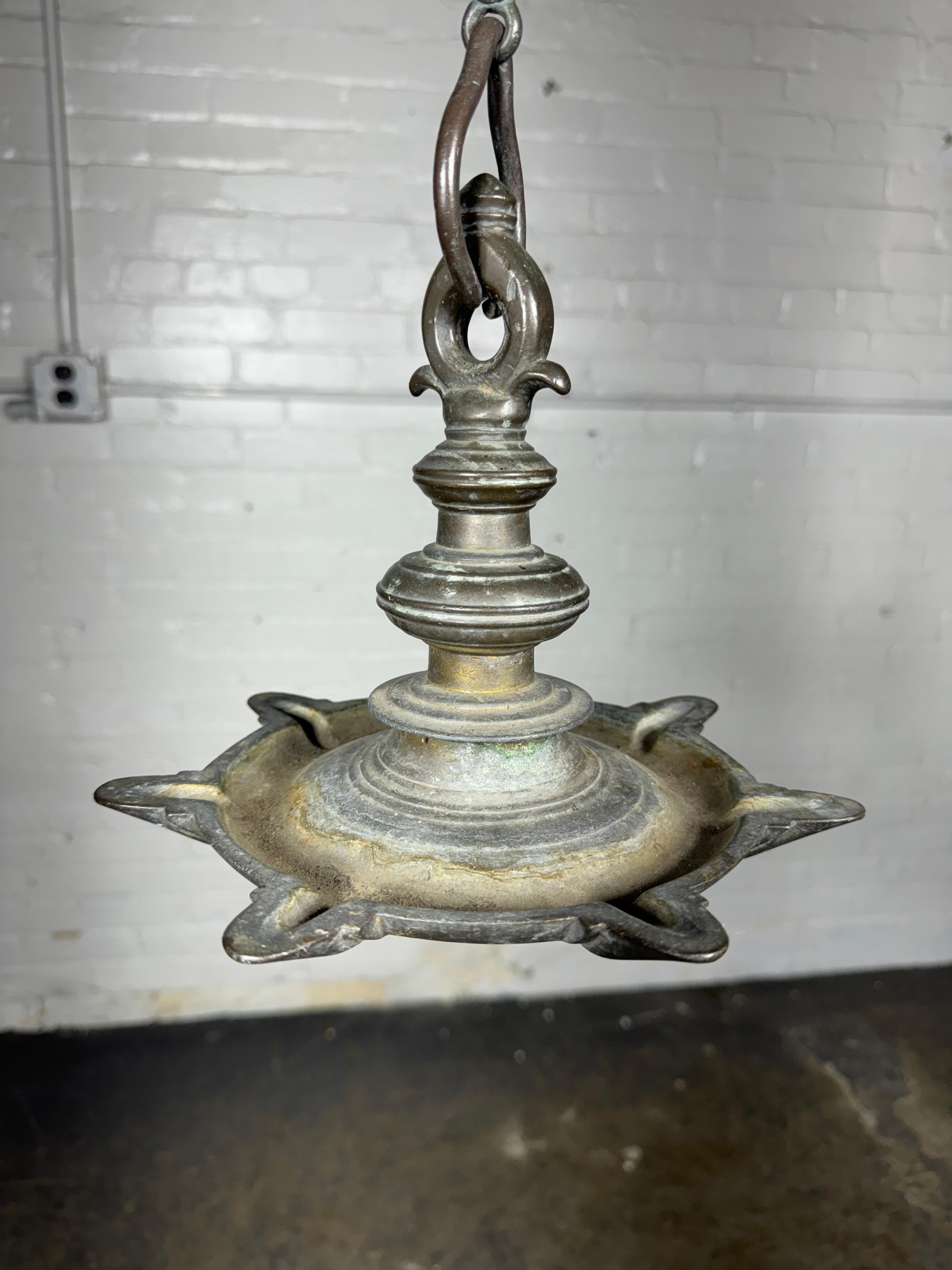 American Unusual Arts & Crafts Hanging Bronze Ash Receptacle, after Handel / Tiffany For Sale