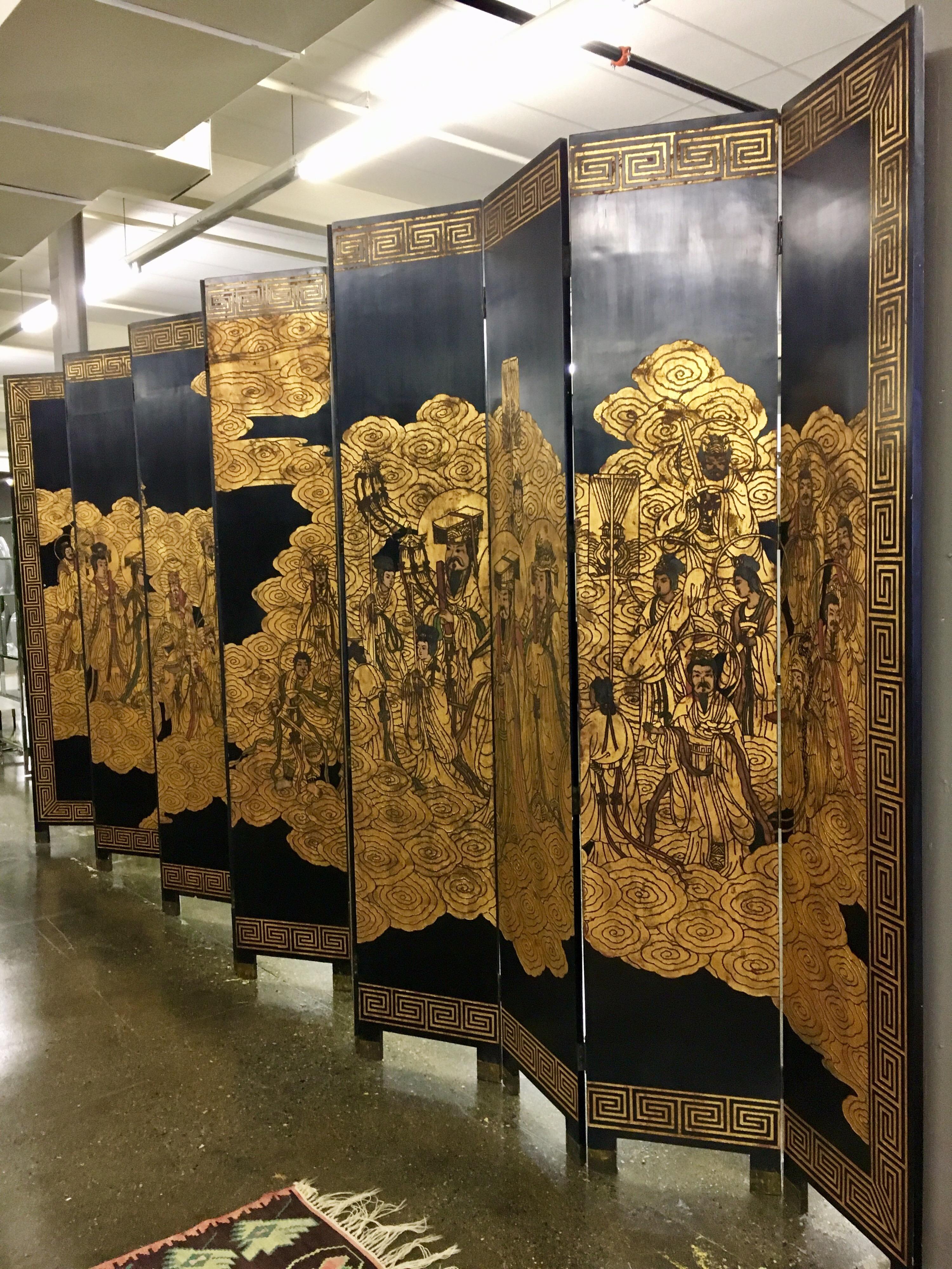 Magnificent late 20th century Chinese extra large room divider that features twelve-panels that can extend to 20 ft. by 9 ft. tall when fully extended! It also features a gilt Greek key design on one side - see pics. This is the biggest Coromandel