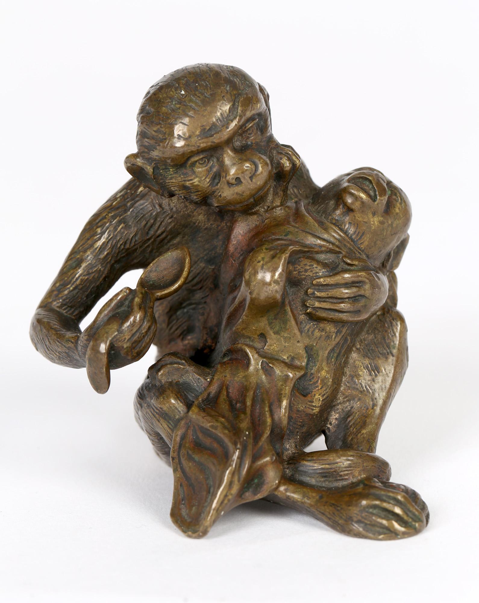 Art Nouveau Unusual Austrian Novelty Bronze Monkey Feeding Baby Bronze Sculpture For Sale