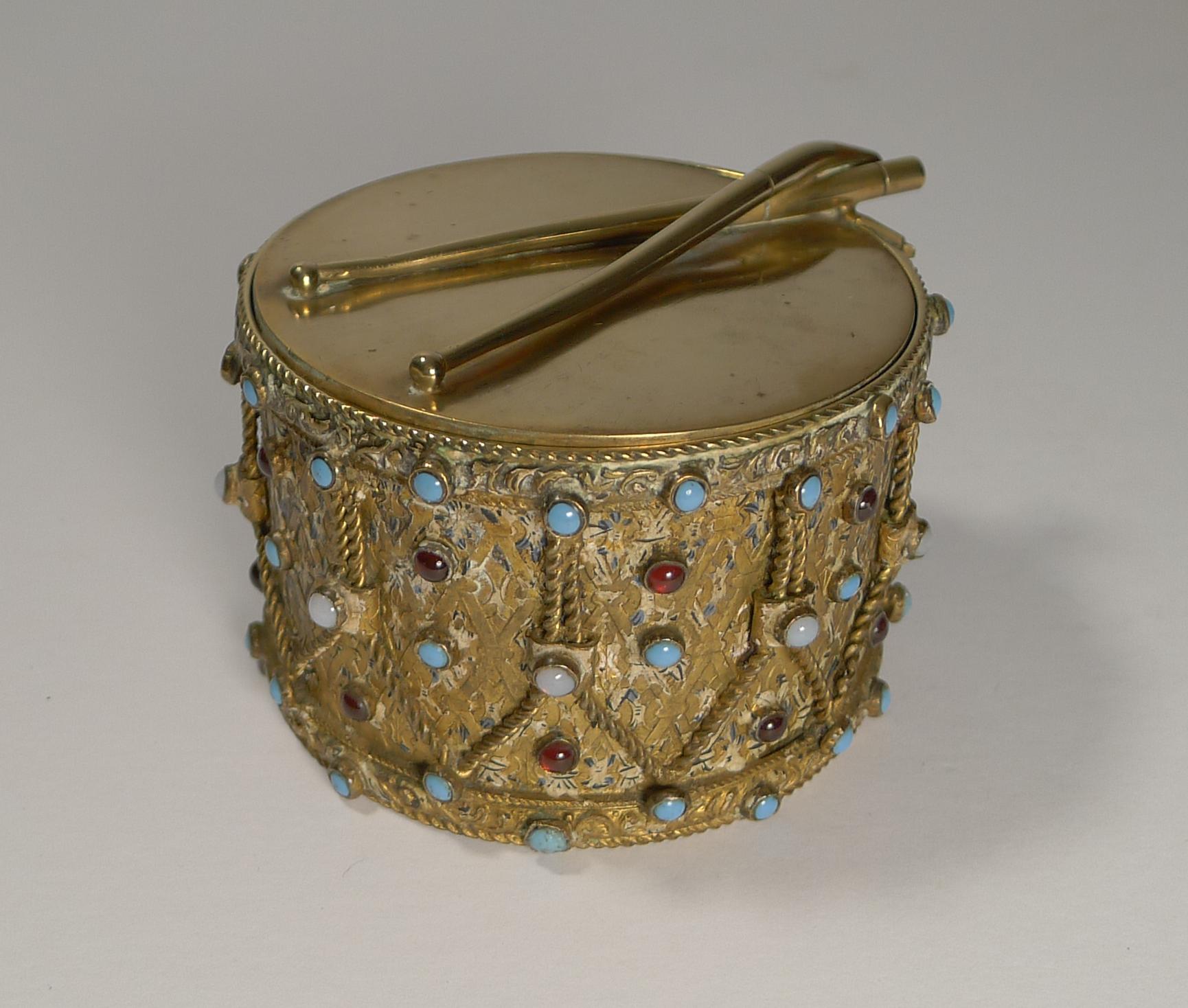 Brass Unusual Austro Hungarian Jeweled Box, Drum For Sale
