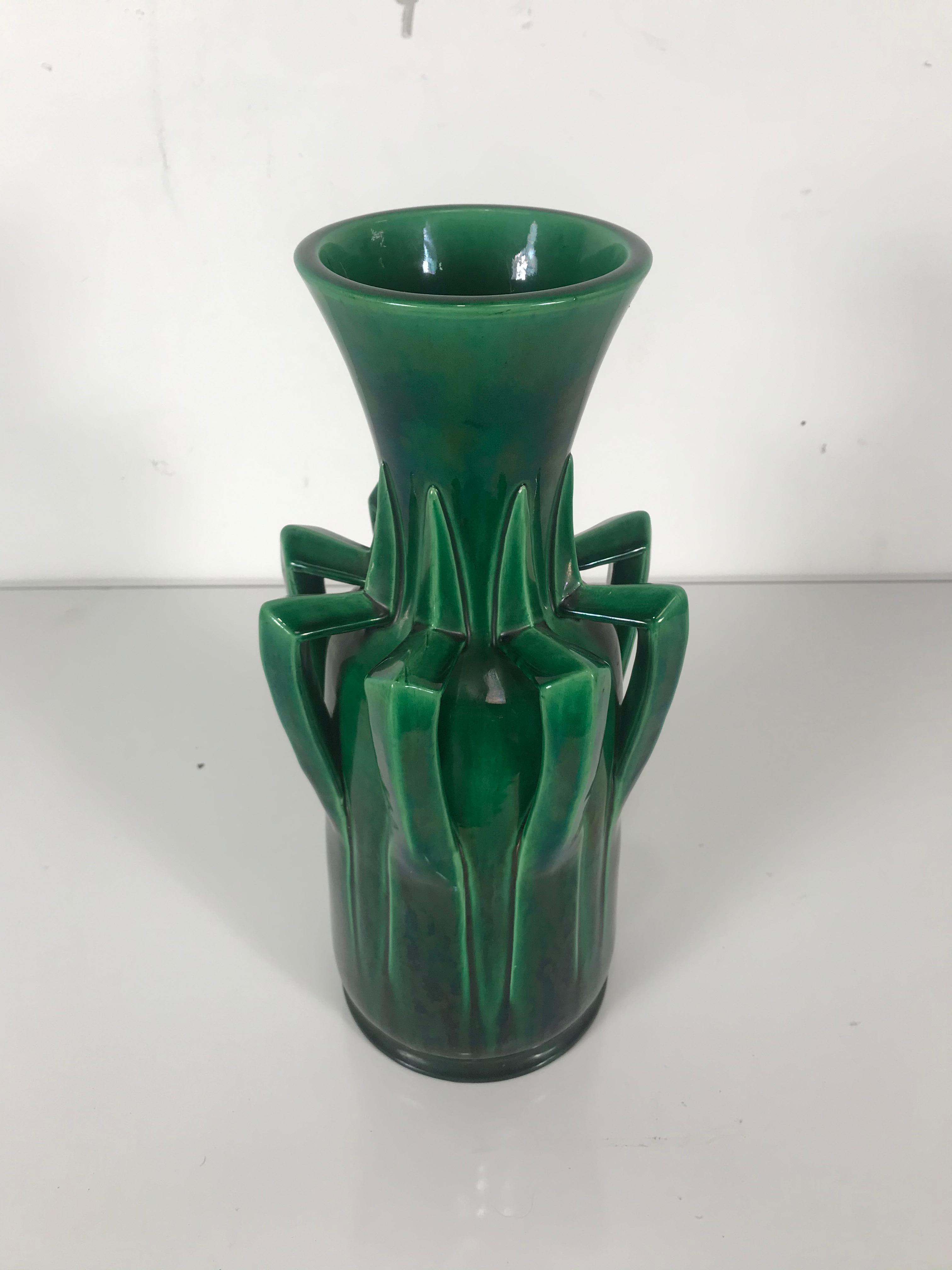 Unusual Awaji Pottery Architectural Arts & Crafts Green Monochrome Vase In Excellent Condition In Buffalo, NY