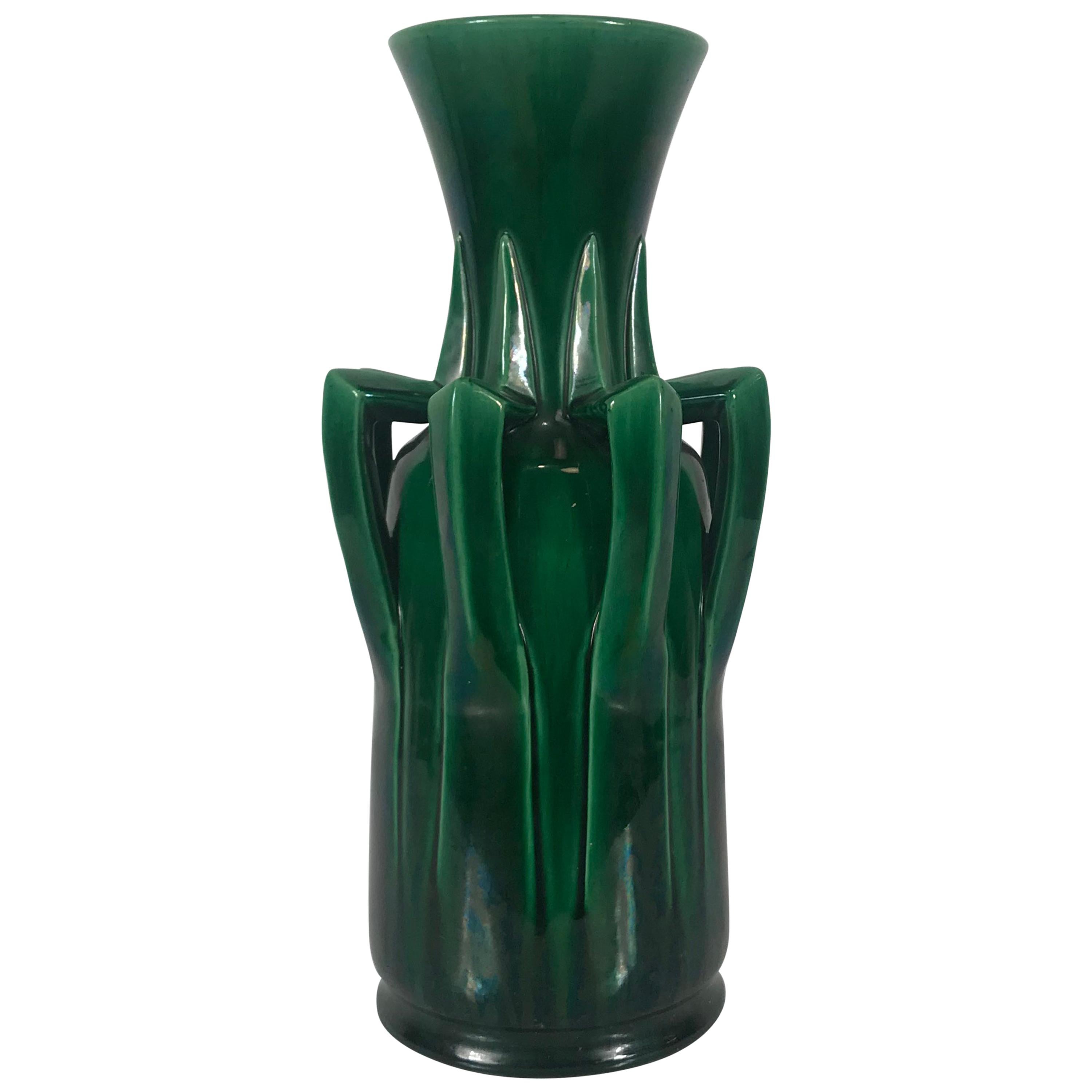 Unusual Awaji Pottery Architectural Arts & Crafts Green Monochrome Vase