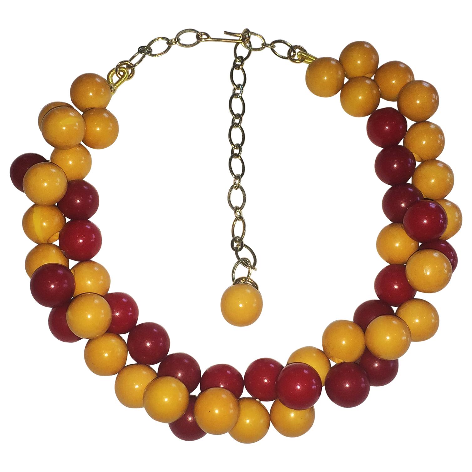 Unusual Bakelite bead necklace in red and corn yellow