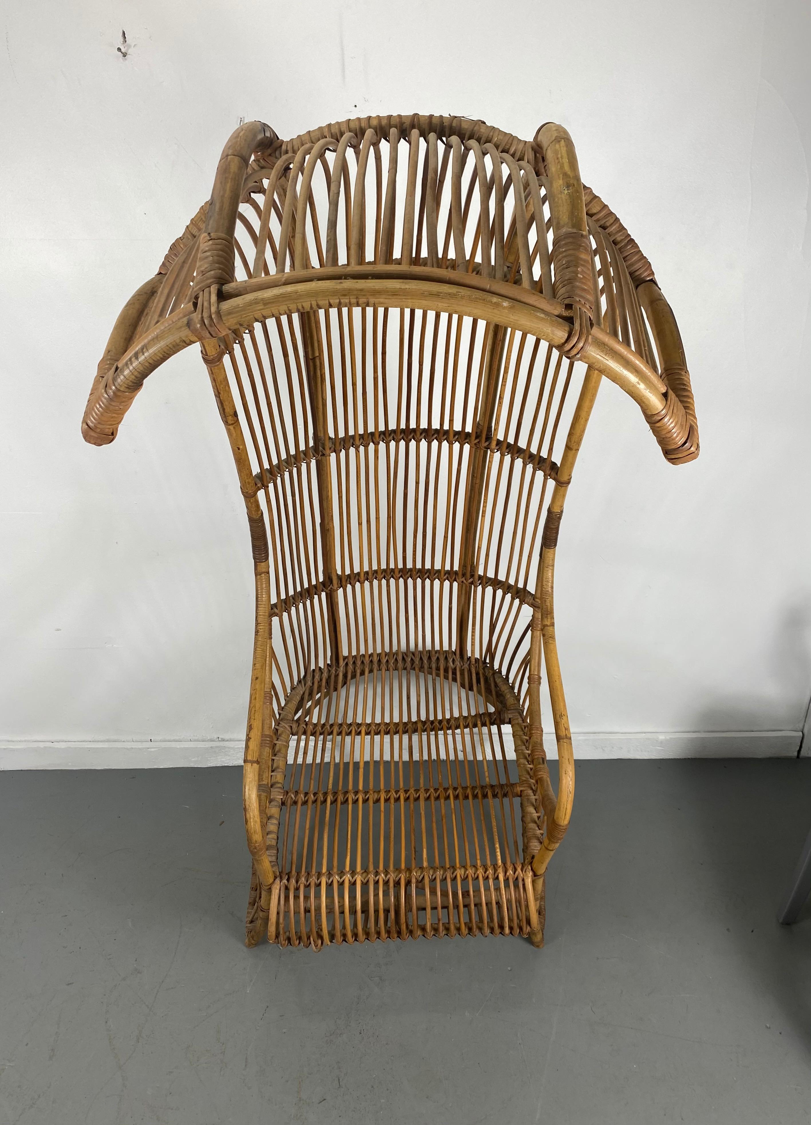 American Unusual Bamboo /Split Reed Hooded Throne Chair Attributed to Franco Albini