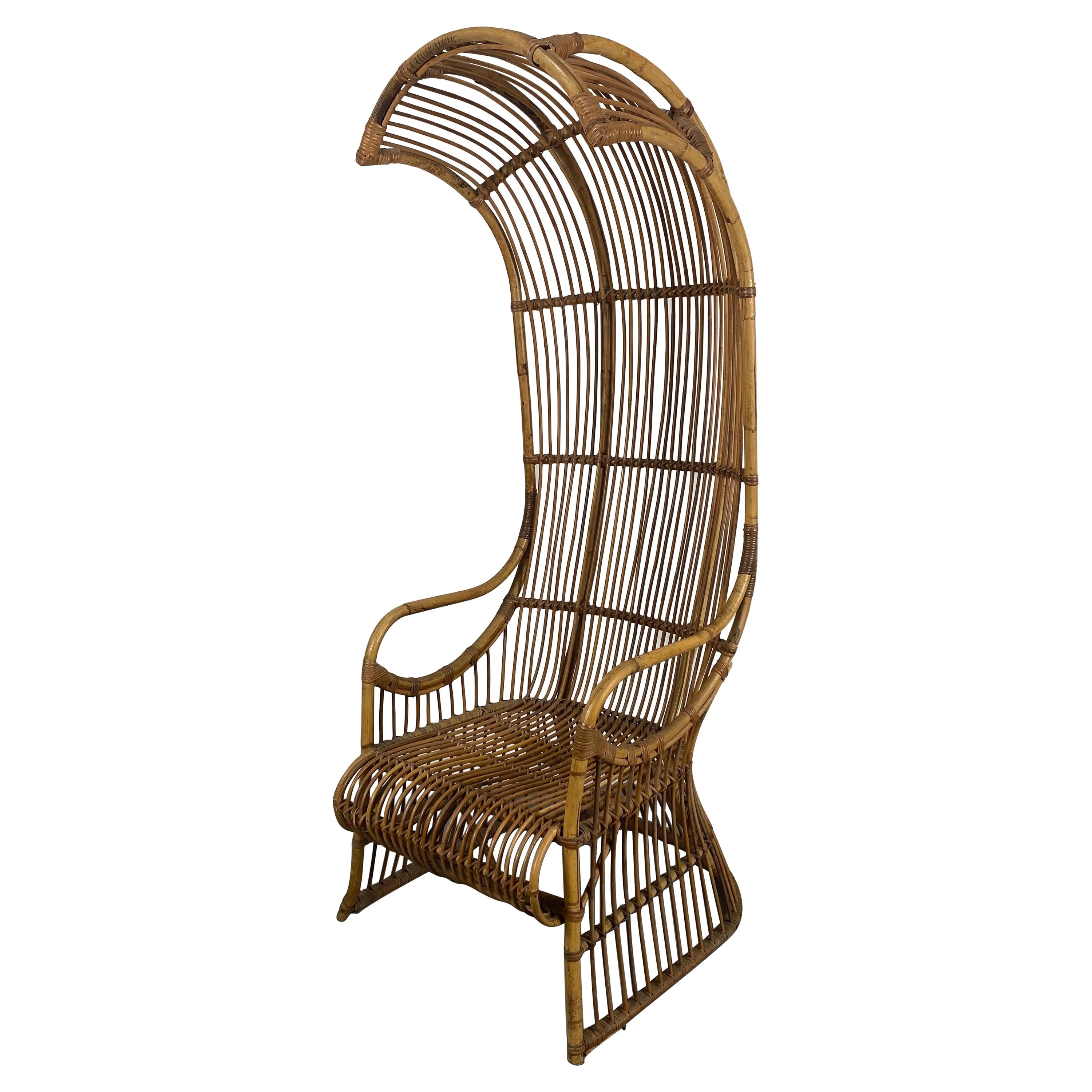 Unusual Bamboo /Split Reed Hooded Throne Chair Attributed to Franco Albini
