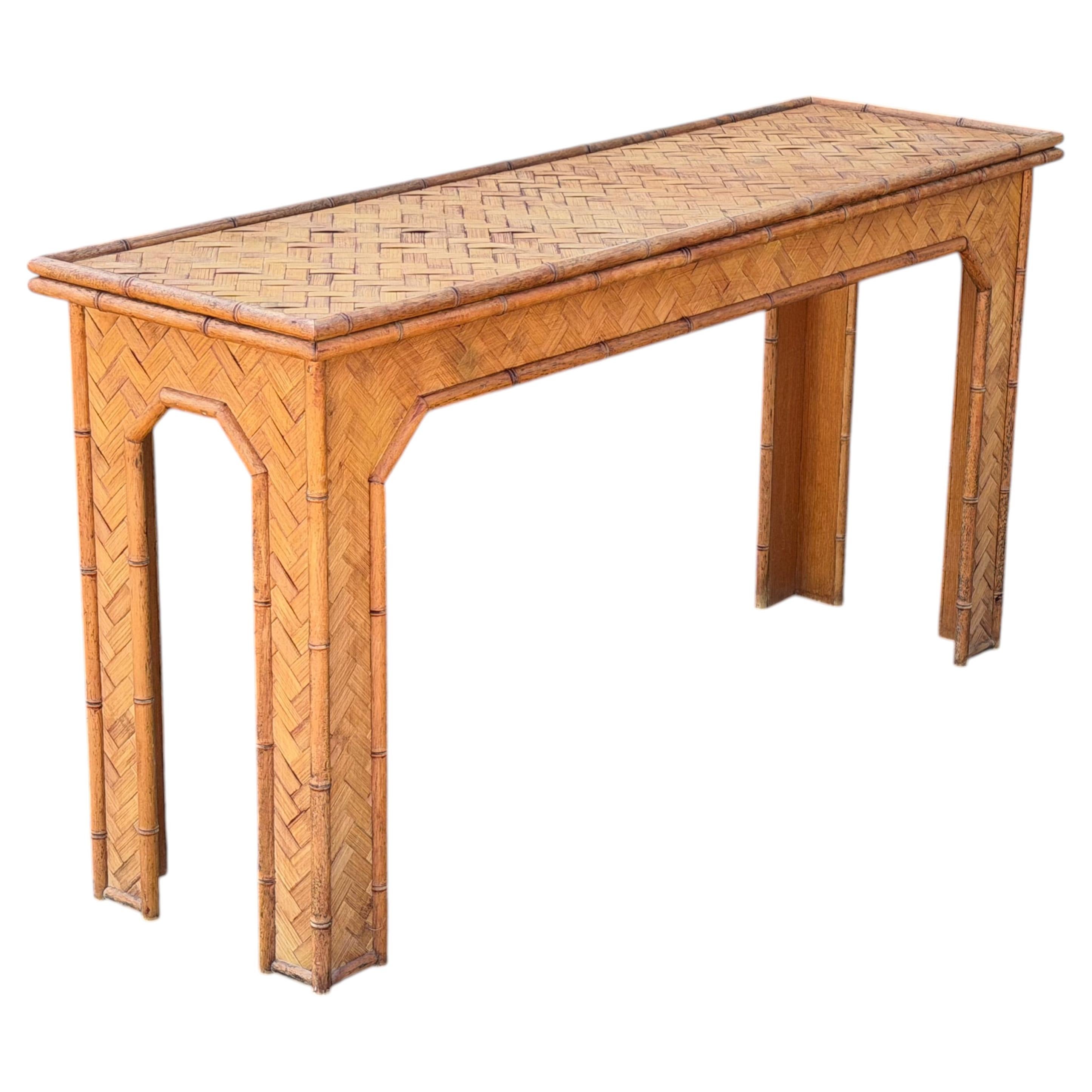 Unusual Bamboo Woven Console Table Boho Style 1970's For Sale