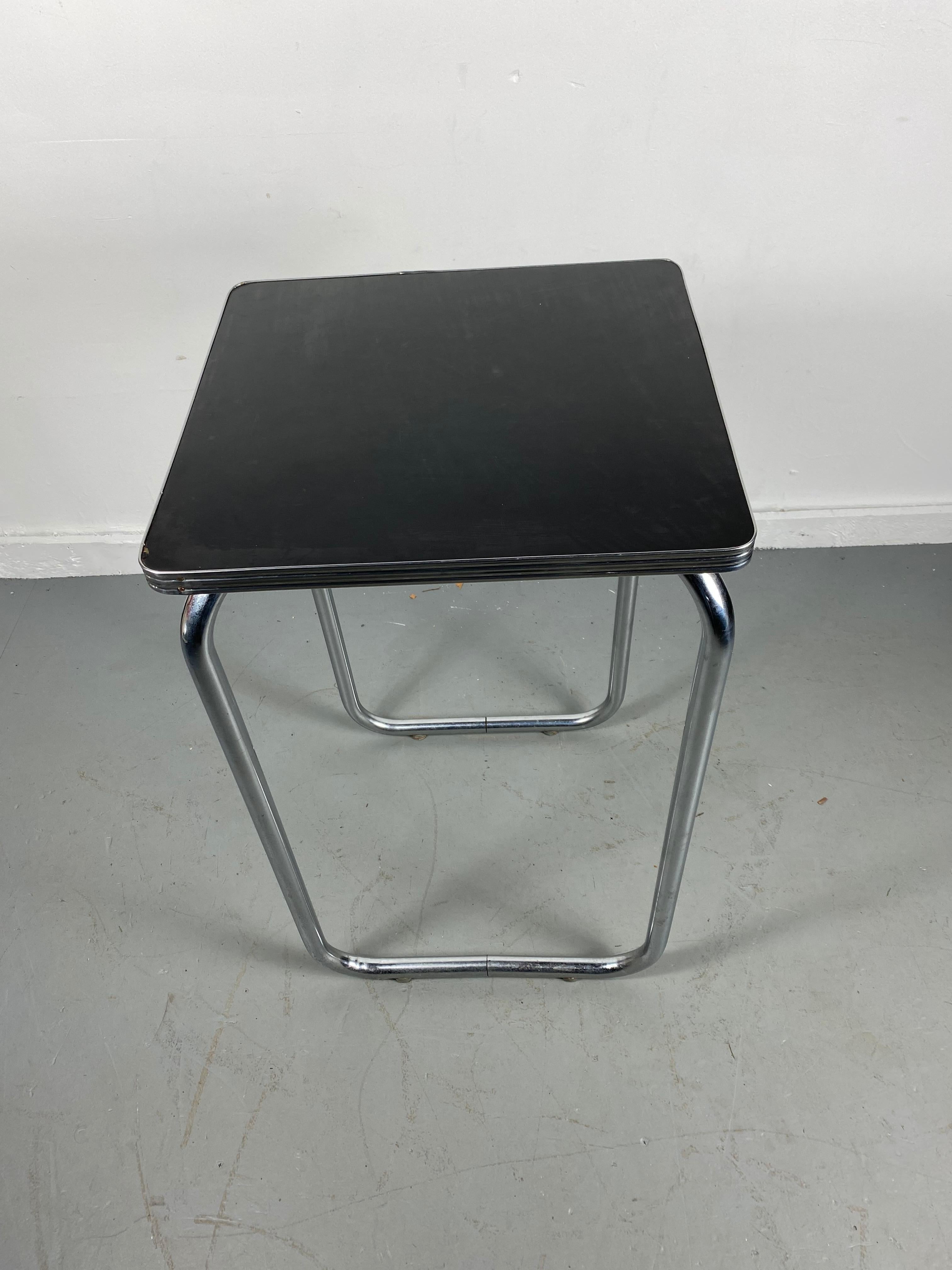 American Unusual Bauhaus Style Black and Tubular Chrome Table / Stand / Wolfgang Hoffmann For Sale