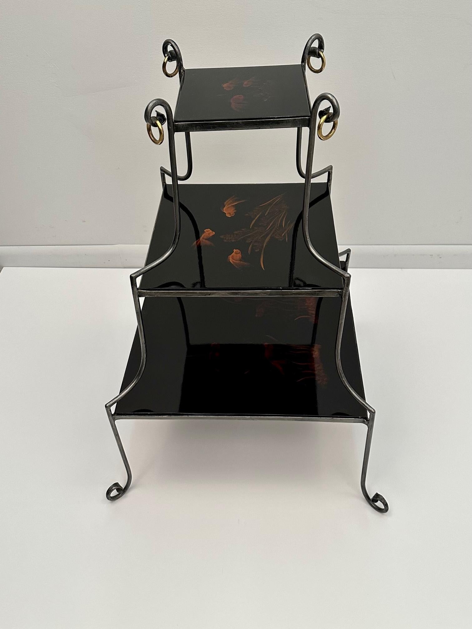 Chinese Export Unusual & Beautiful 3 Tier Lacquer and Steel Side Table with Goldfish Motif For Sale