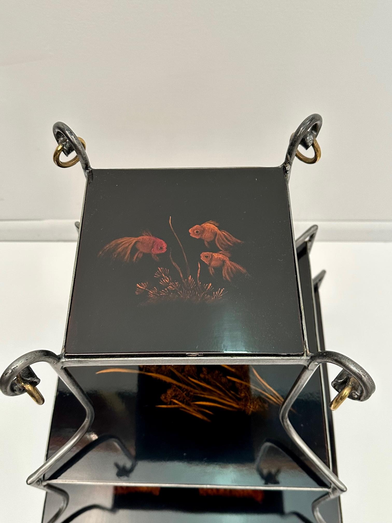 Indonesian Unusual & Beautiful 3 Tier Lacquer and Steel Side Table with Goldfish Motif For Sale