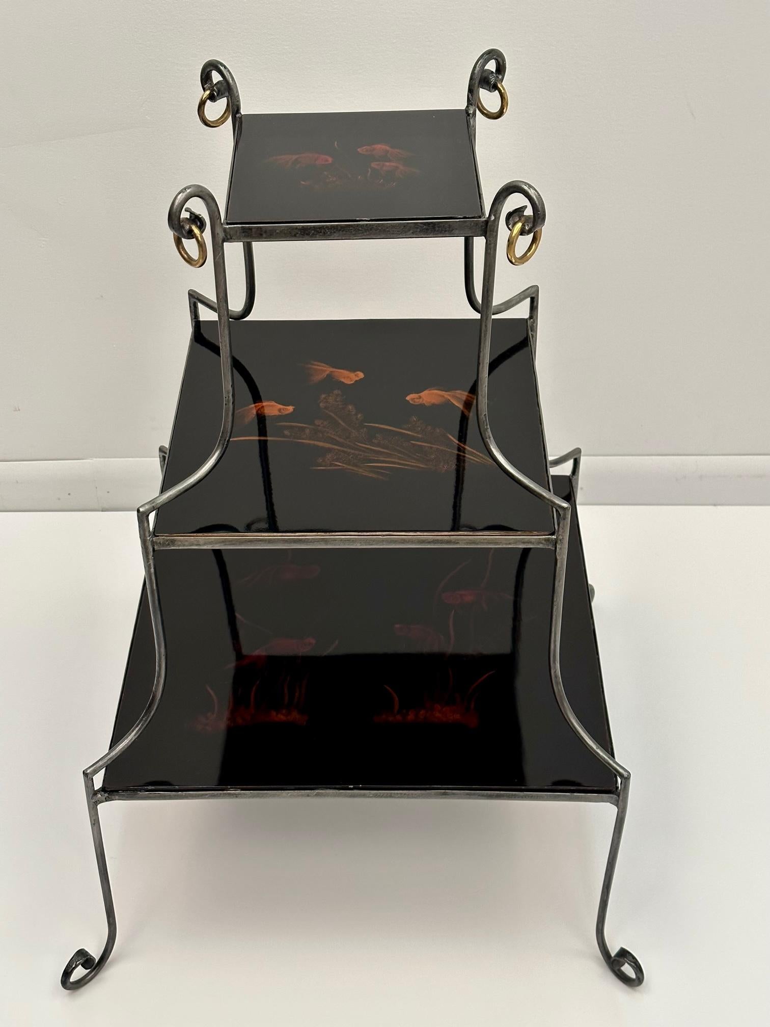 Late 20th Century Unusual & Beautiful 3 Tier Lacquer and Steel Side Table with Goldfish Motif For Sale