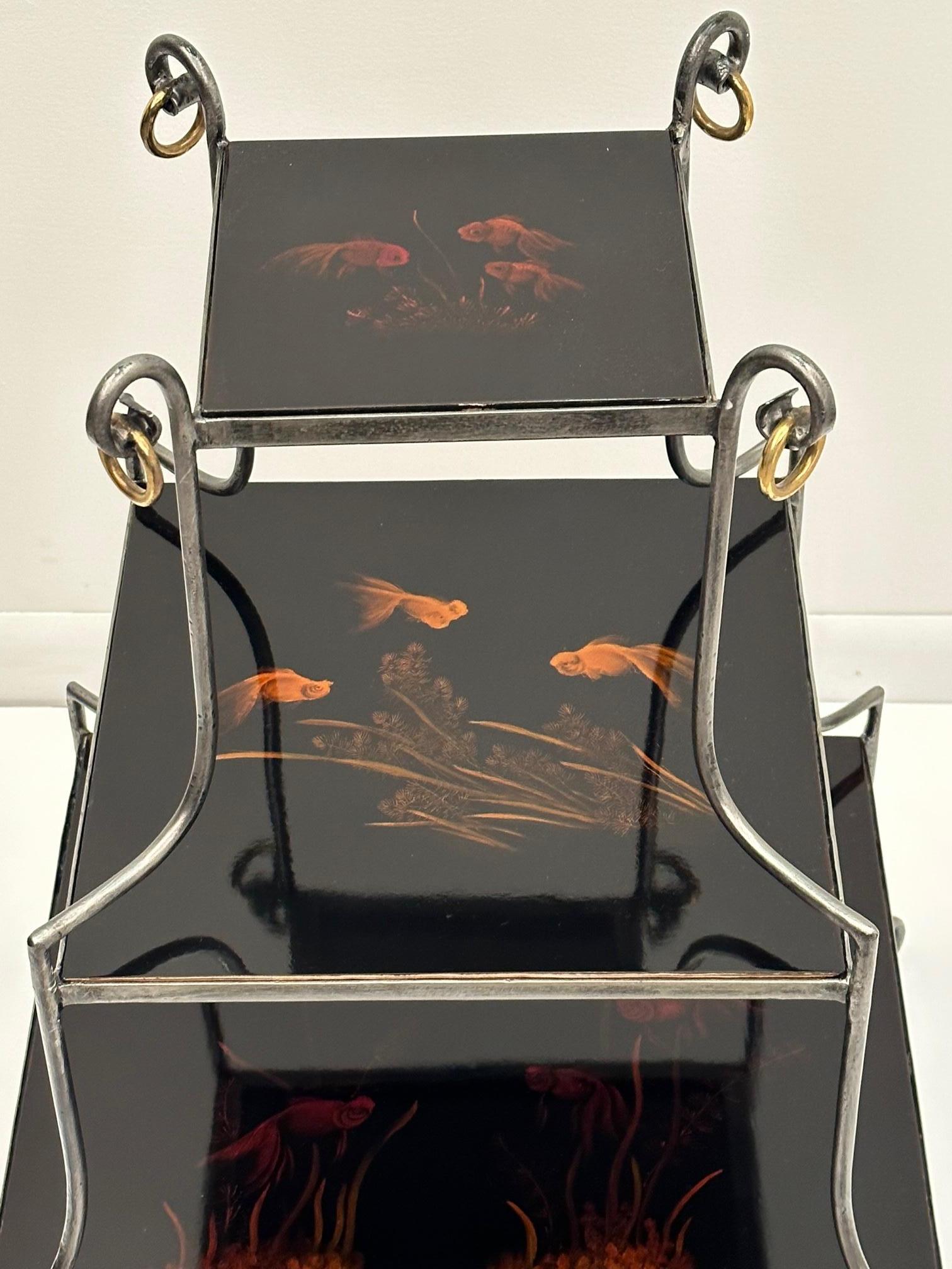 Unusual & Beautiful 3 Tier Lacquer and Steel Side Table with Goldfish Motif For Sale 2